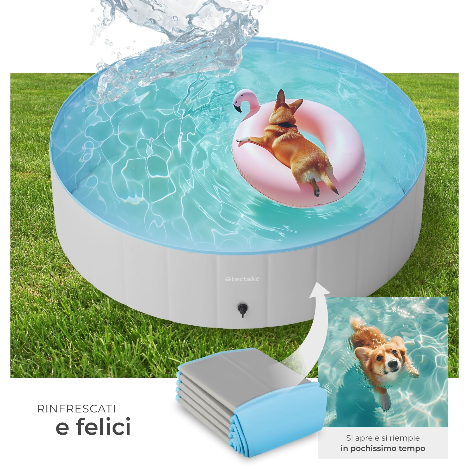 tectake® Piscina per Cani Pieghevole, Fondo Antiscivolo, Pareti Rinforzate, PVC Resistente agli Strappi, con Valvola di Scarico, Piscina Rotonda, Facile da Montare - 120 cm