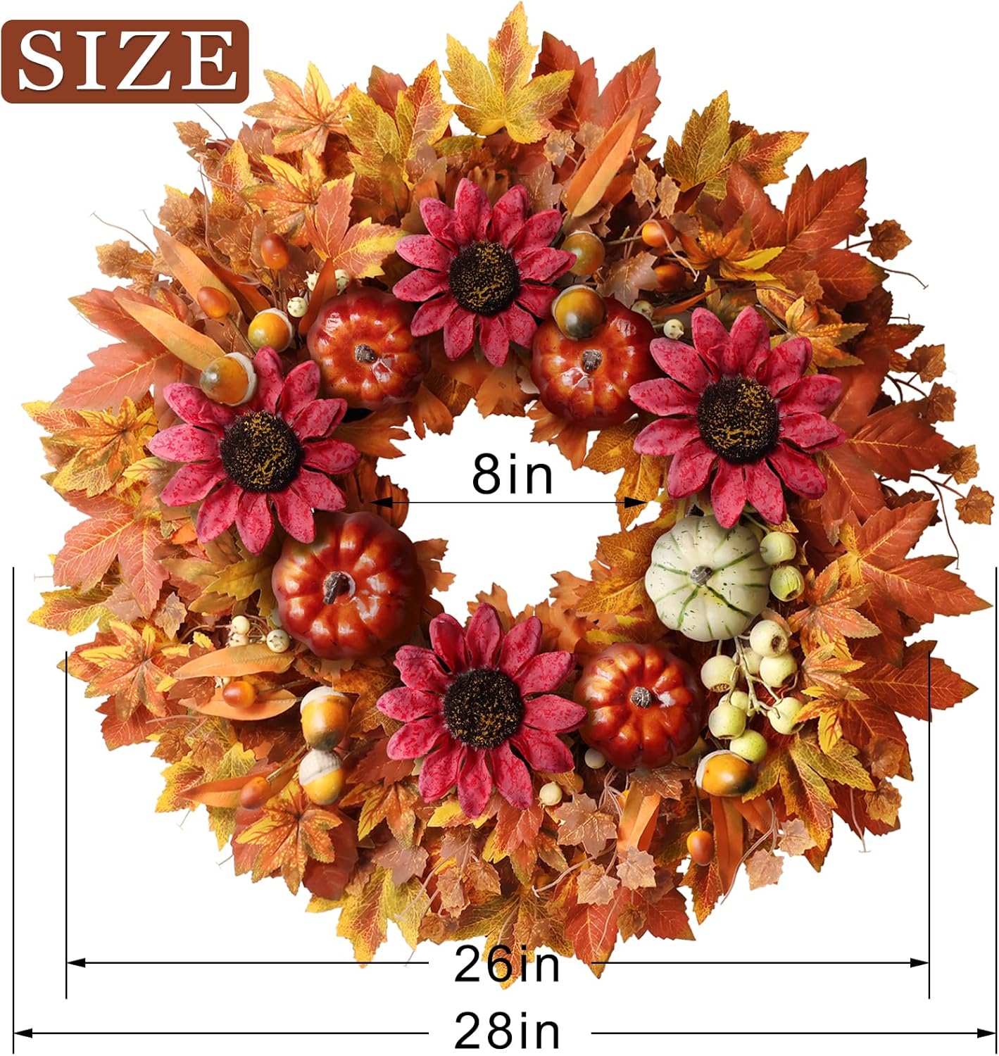 28'' Large Fall Wreath for Front Door, Porch, Window- Artificial Maple Leaves Fake Pumpkins Faux Acorns Sunflower Outdoor Autumn Wreath for Home, Farmhouse Wall Thanksgiving Day Harvest Festival Decor