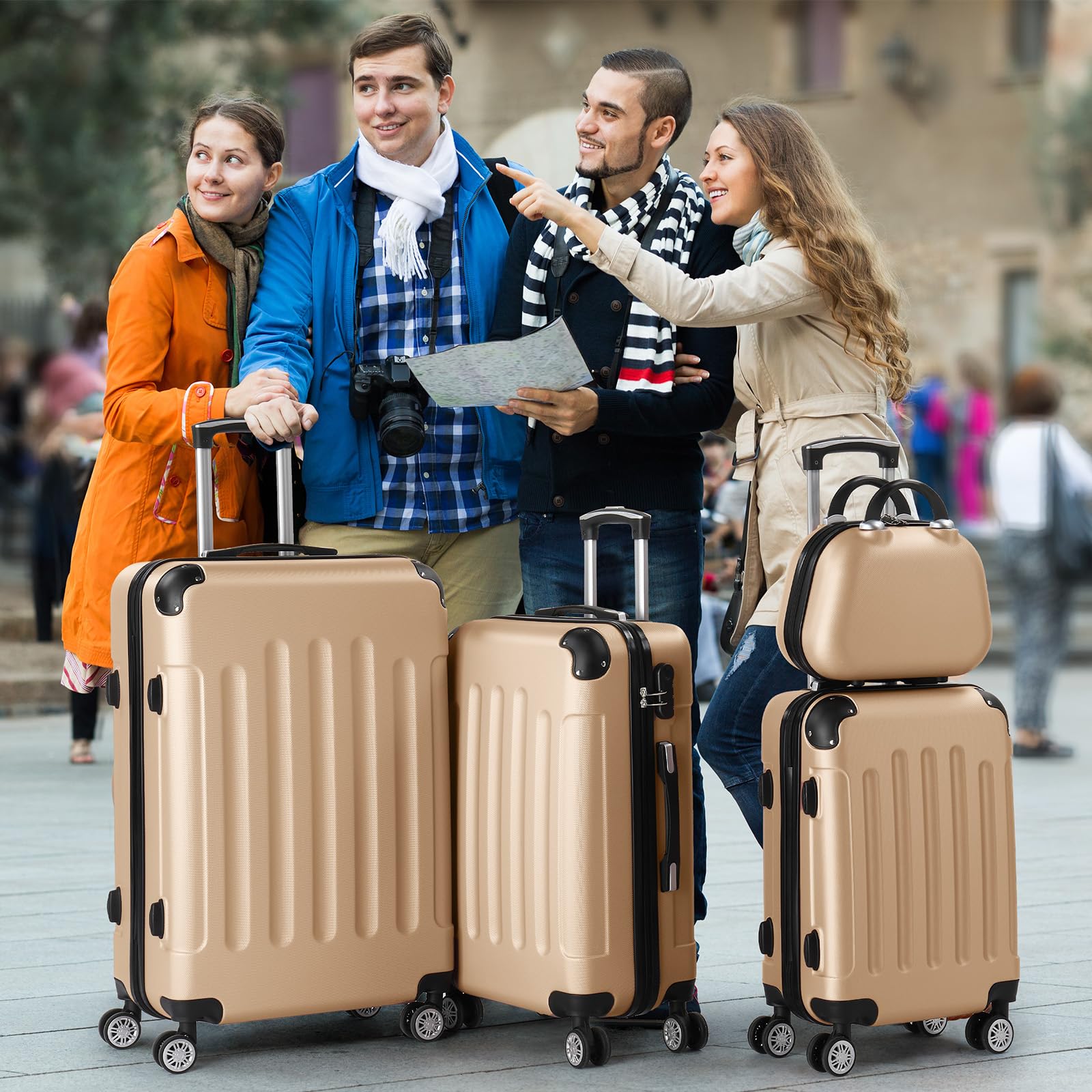 Bonnlo Set de 4 Valises avec Vanity Case，Valises de Voyage, Set Valise ABS avec Les Coins Renforcé et roulettes Pivotantes 360°, Champagne