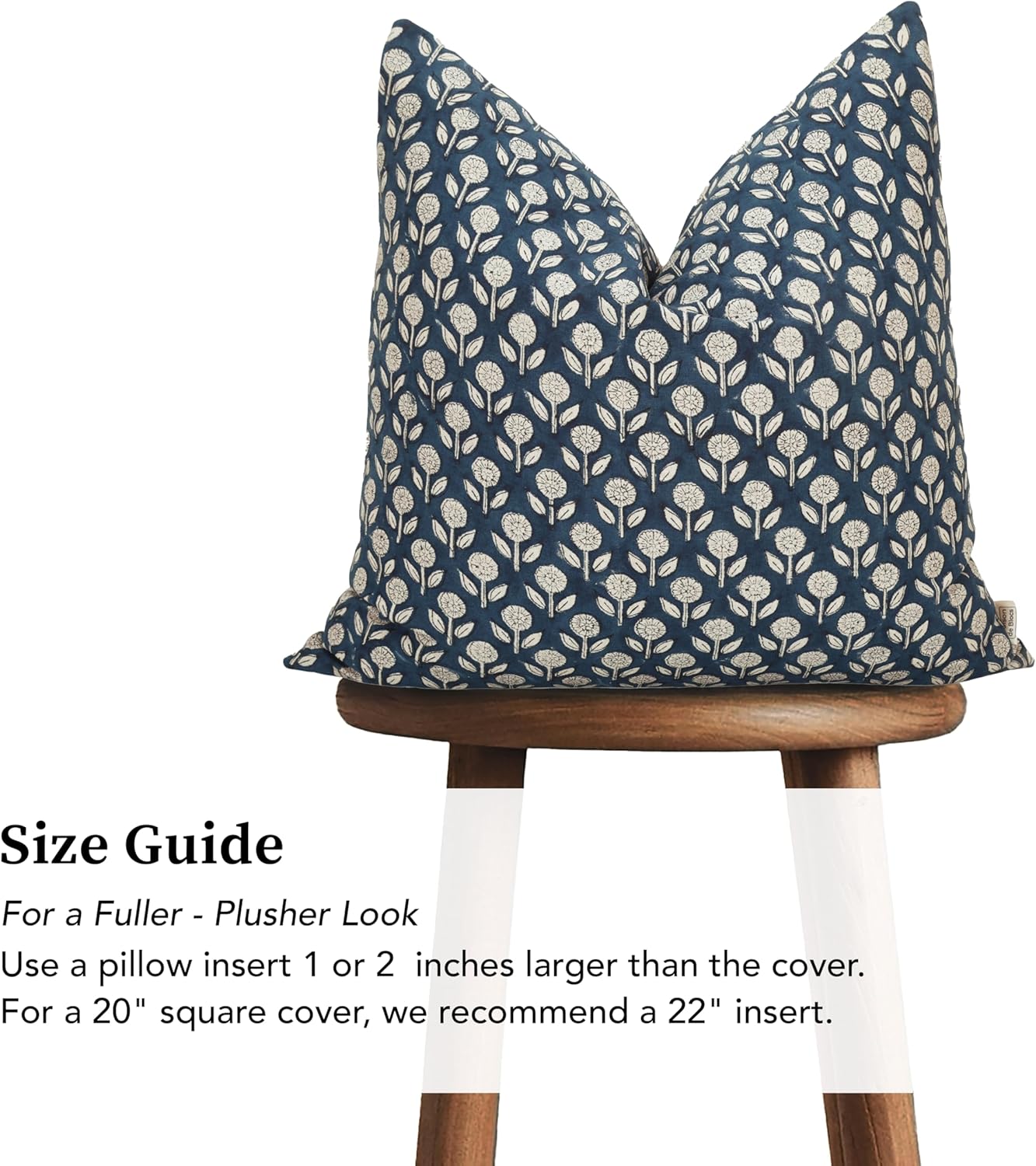 Hand-Block Printed, Artisan-Made Neutral Accent Throw Pillow Covers- 100% Cotton Cushion for Sofa, Bed, Chair, Home Decor, Boho, Indoor - Adeline (Deep Blue, 20" x 20" (Pack of 2))