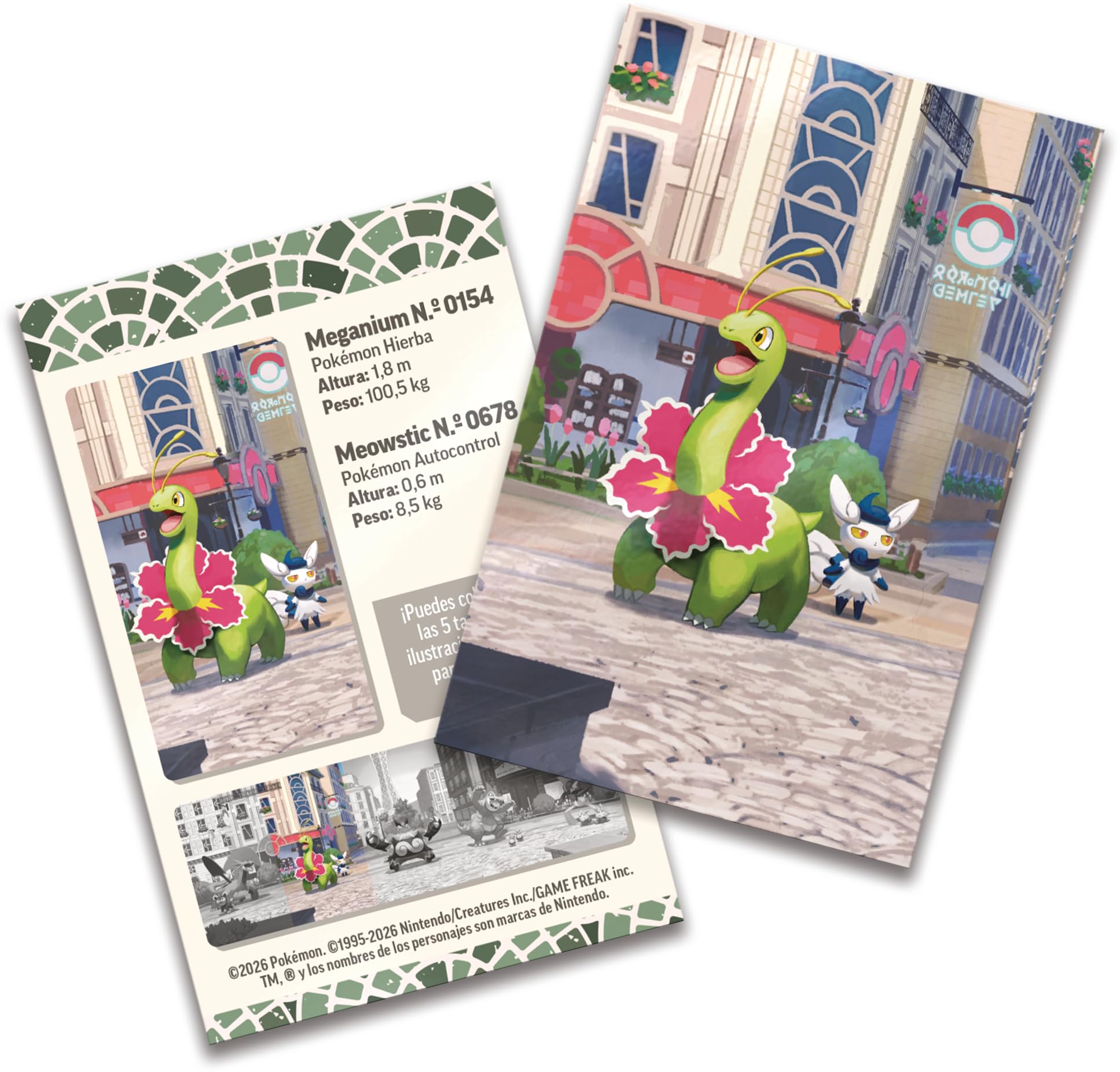 Pokémon: Minilata Ciudad Luminalia: Meganium y Meowstic de JCC Pokémon (2 Sobres de Mejora, 1 Tarjeta ilustrada y 1 Pegatina)
