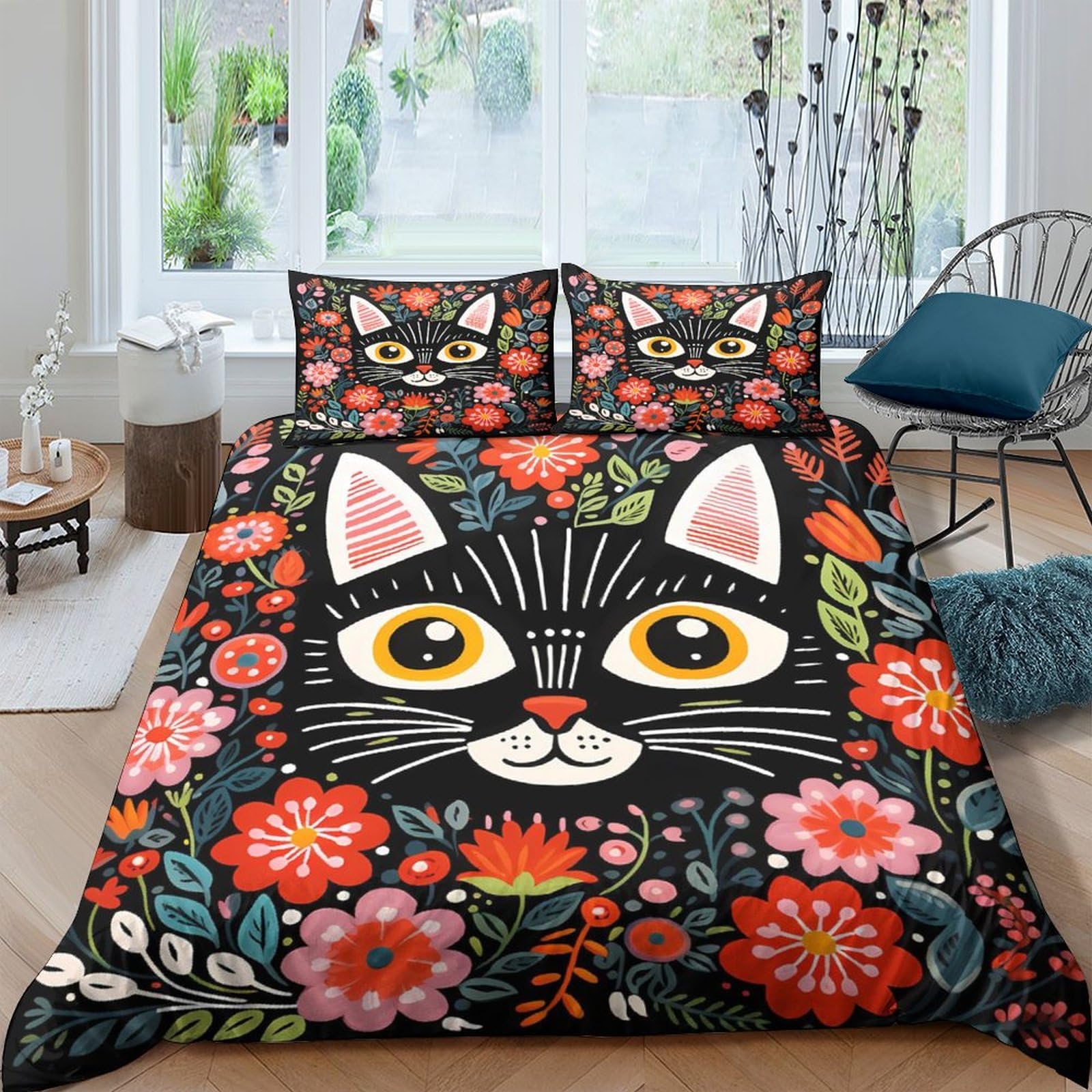 Housse de couette 220x240 chat imprimé en microfibre premium avec taies d'oreiller