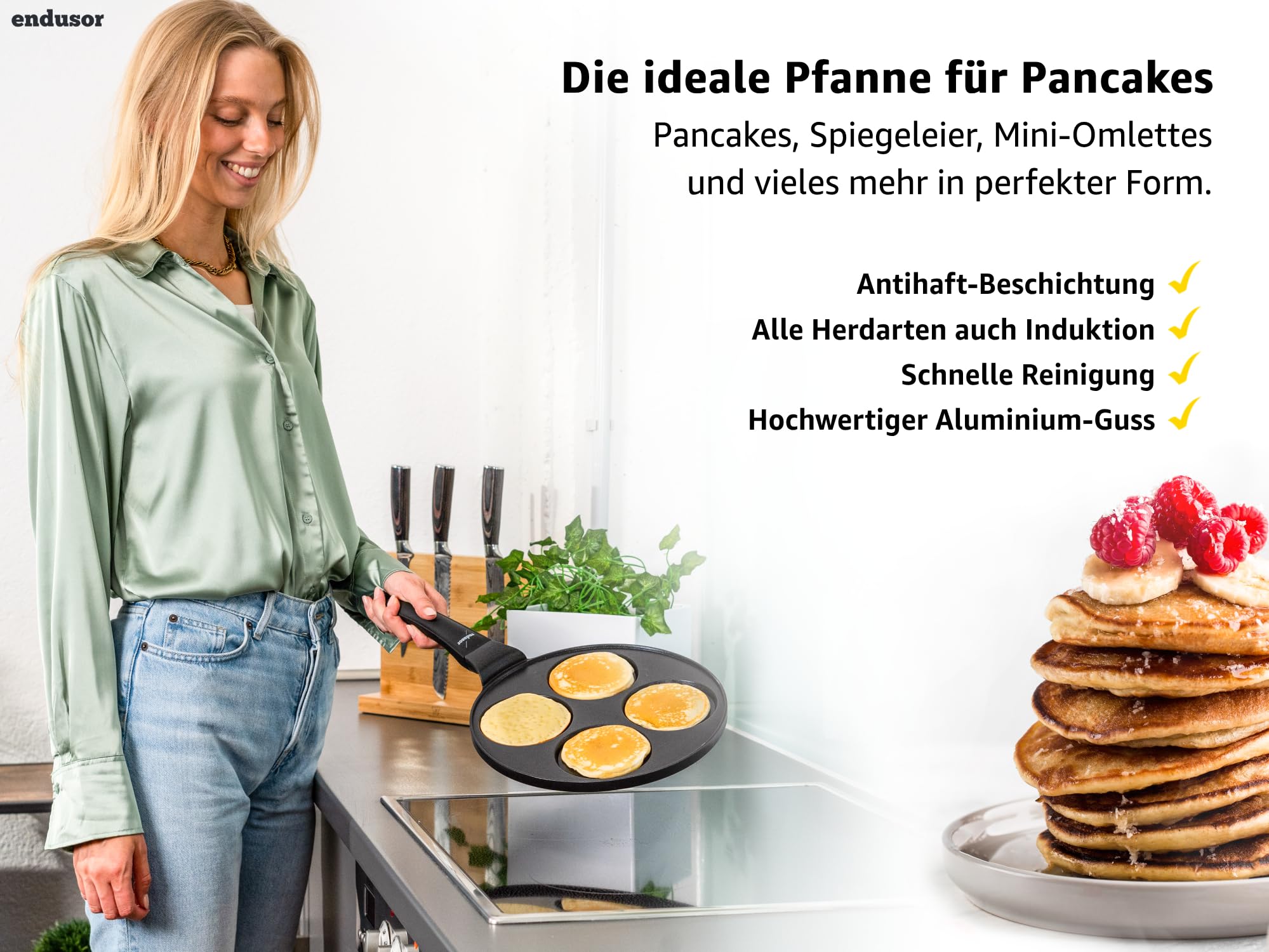endusor Pancake Pfanne Spiegeleipfanne - Ø28cm mit [PowerShield]-Beschichtung | Induktion Ceran Gas Elektro | 4x Form Maker Eierpfanne, Spiegelei Liwanzen Poffertjes Blinis