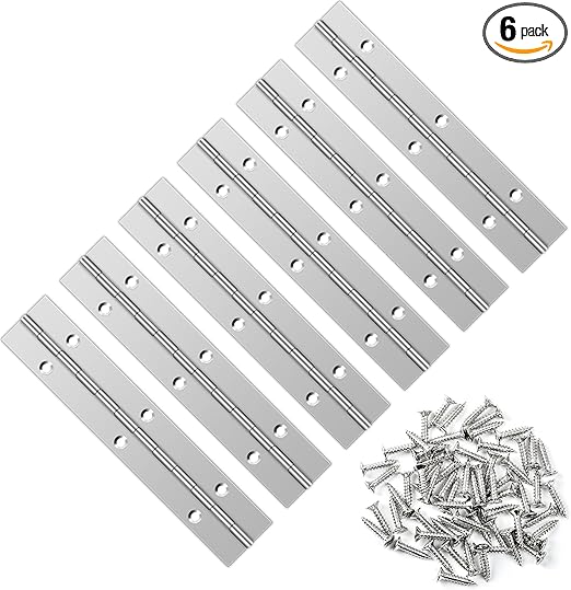 6 PCS 6 Inch Stainless Steel Piano Hinge Heavy Duty with 36 Pcs Screws for Cabinets Boat Marine Door DIY Woodworking Storage Box Hatche Furniture Hardware Silvery