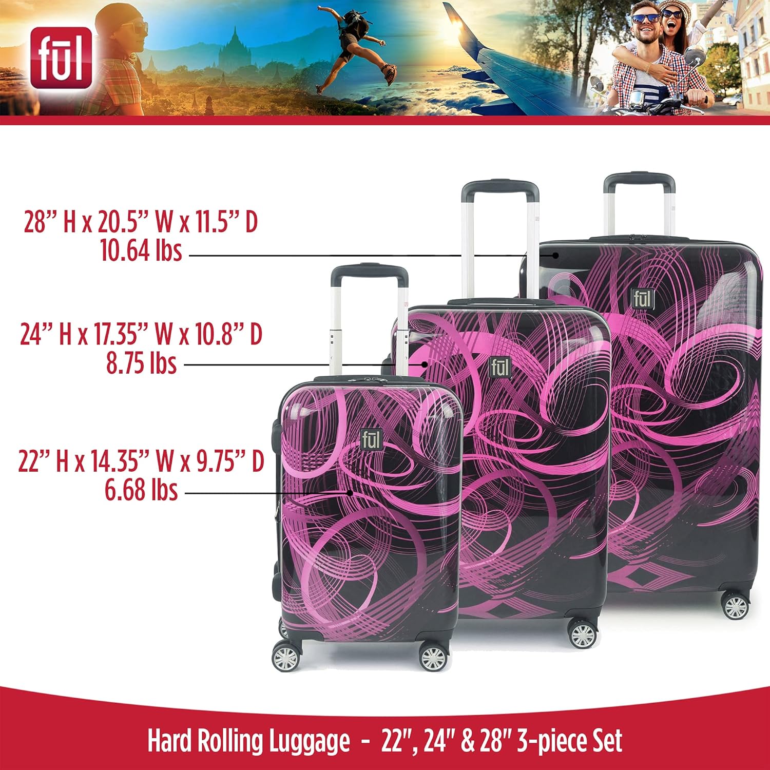 review FUL Atomic 3 Piece Rolling Luggage Set, Neon Laser Hardshell Suitcase with Wheels, 22, 24 and 28 Inch, Pink