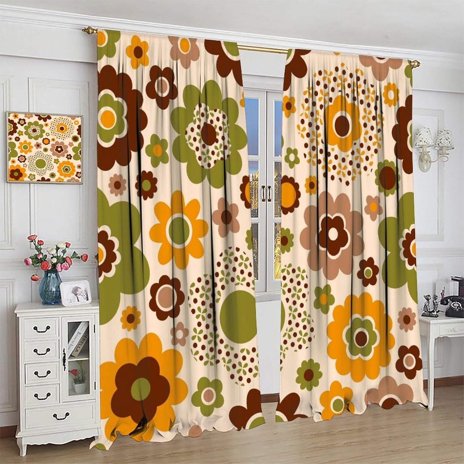 70s Flowers Blackout Curtains, Retro 70s Groovy Boho Rustic Flowers Abstract Farmhouse Print Rod Pocket Window Treatments Drapes for Living Room Bedroom Dining Room 42" W X 45" L
