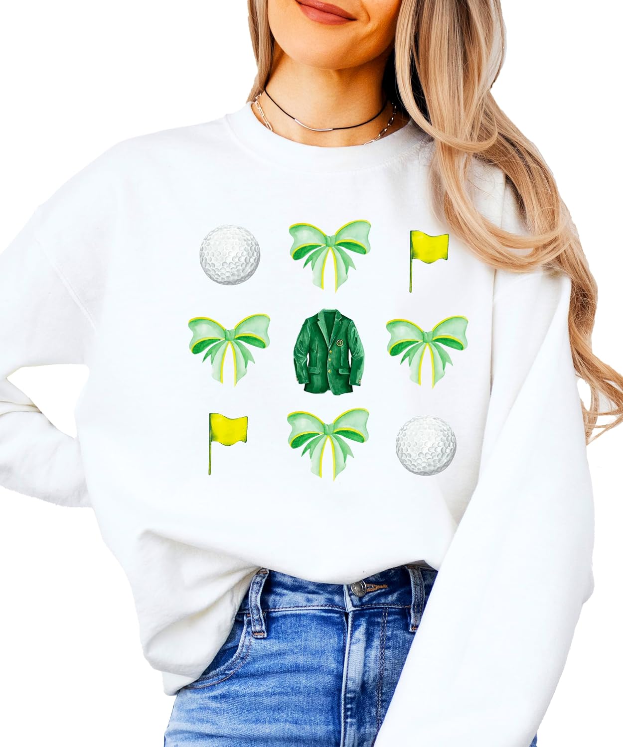 Olive Loves Apple Golf Tournament Sweatshirt for Women & Teens Green Bows and Golf Balls Pullover