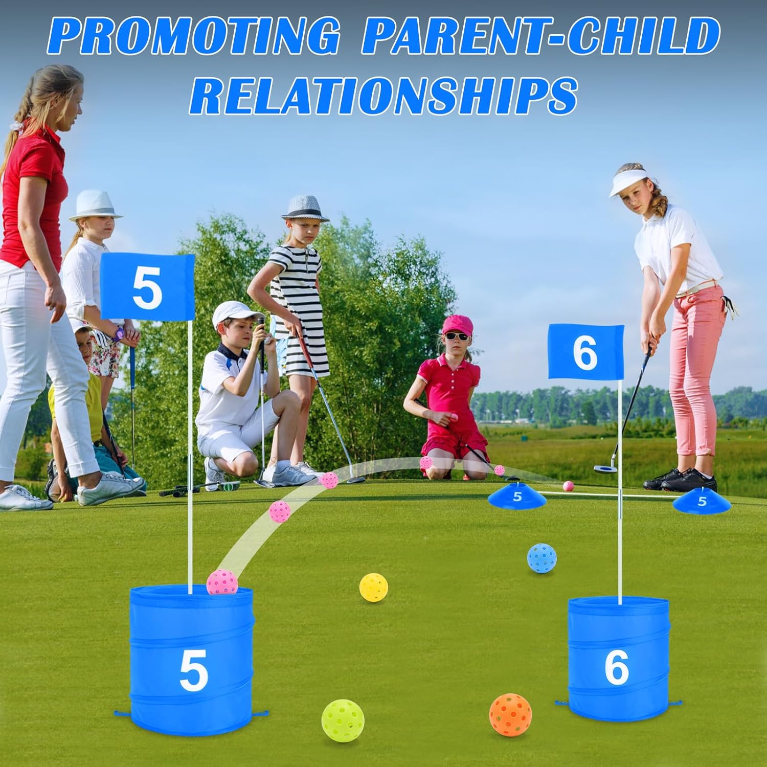 deAO Golf Yard Game Backyard Games for Kids Adults, Portable 6 Holes Golf Course with Balls and Flag, for Outdoor Indoor Lawn Park Camping Beach (Blue)