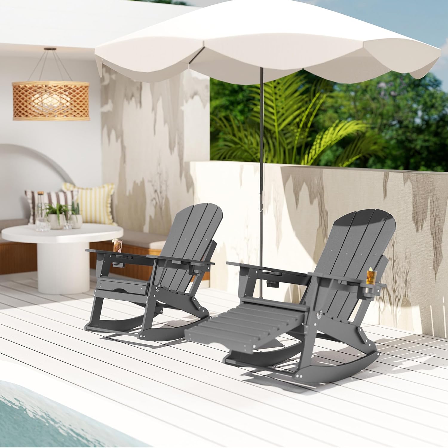 FOOWIN Folding Adirondack Rocking Chair Set of 2 with Retractable Ottoman and Cup Holders,HDPE All Weather Outdoor Adirondack Chair for Porch, Patio, Balcony,Poolside,Oversized Rocker Chair,Grey