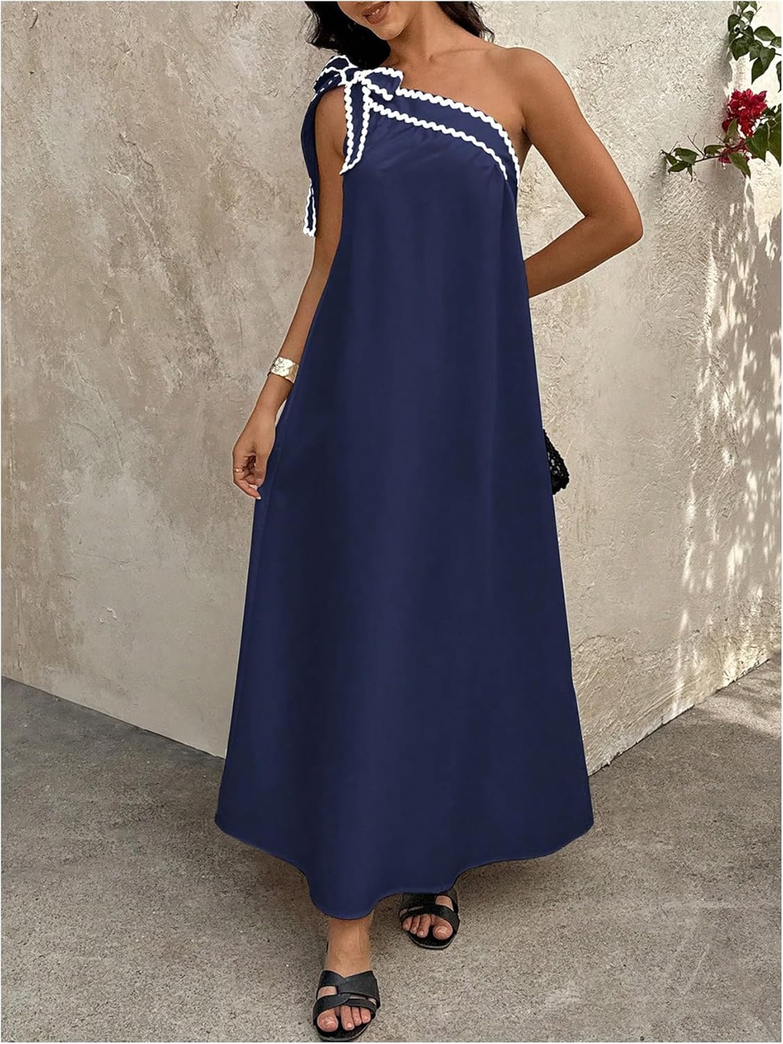 SOLY HUX Women's Summer One Shoulder Maxi Dress Bow Sleeveless Flowy Party Dresses Beach Vacation Clothes - Image 3