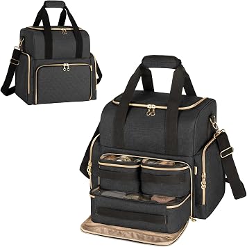 LUXJA Large Travel Makeup Bag with 3 Removable Makeup Cases, Black | Cosmetic Bag with 2 Detachable Dividers, Multiple Storage Pockets, Detachable Shoulder Strap, Trolley Sleeve