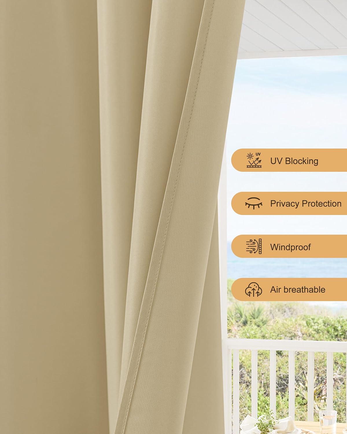 Outdoor Patio Curtains Waterproof with Rod Pocket 6 Panels 110x108 Inch- Weatherproof Balcony Outdoor Curtains for Apartments,Porch, Gazebo, Pergola, Sliding Glass Door, Cream