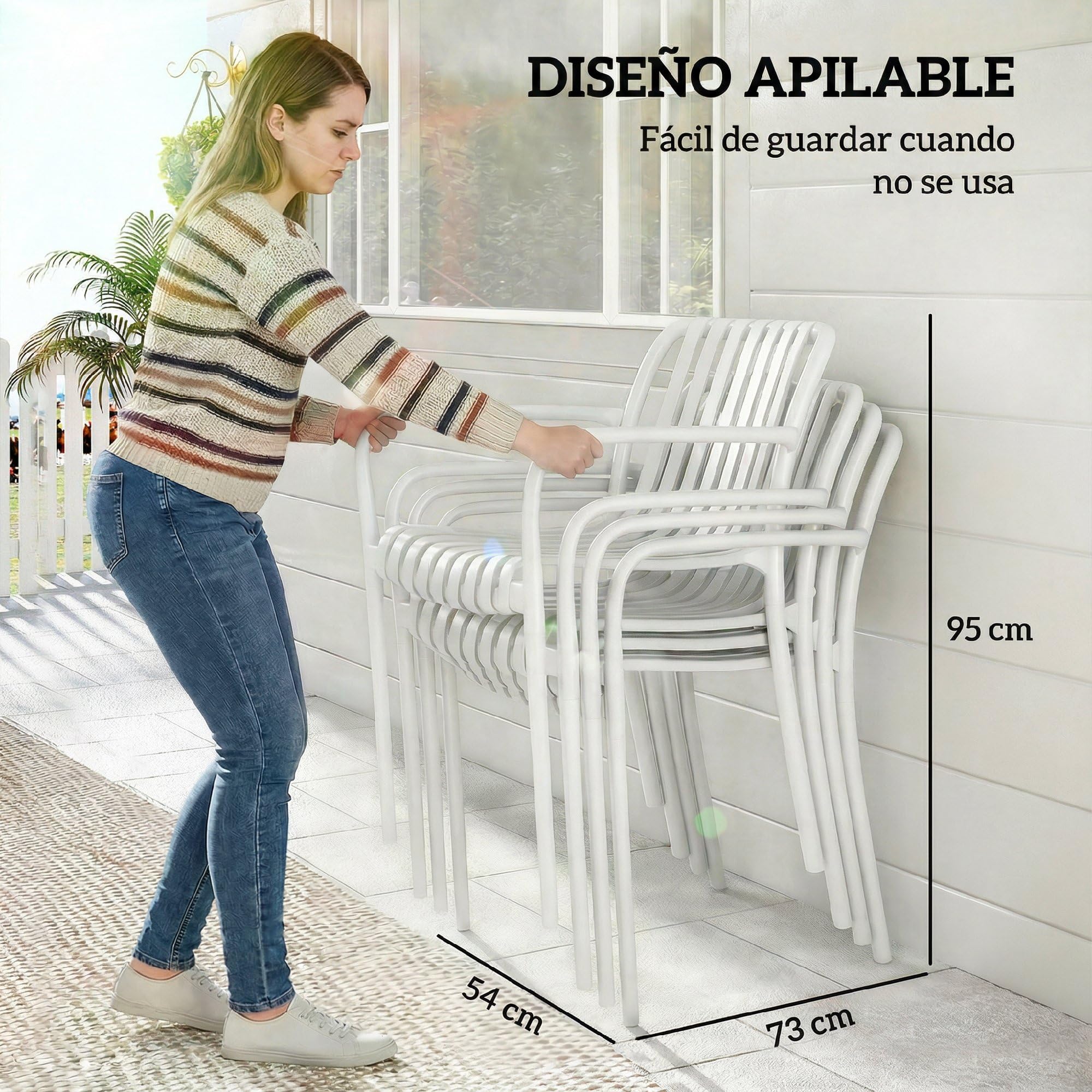 Outsunny Juego de 4 Sillas de Jardín Exterior Apilables, Sillas Terraza Exterior de PP con Respaldo Curvado, Asiento de Listones, Reposabrazos, 55x58,5x81,5 cm, Blanco