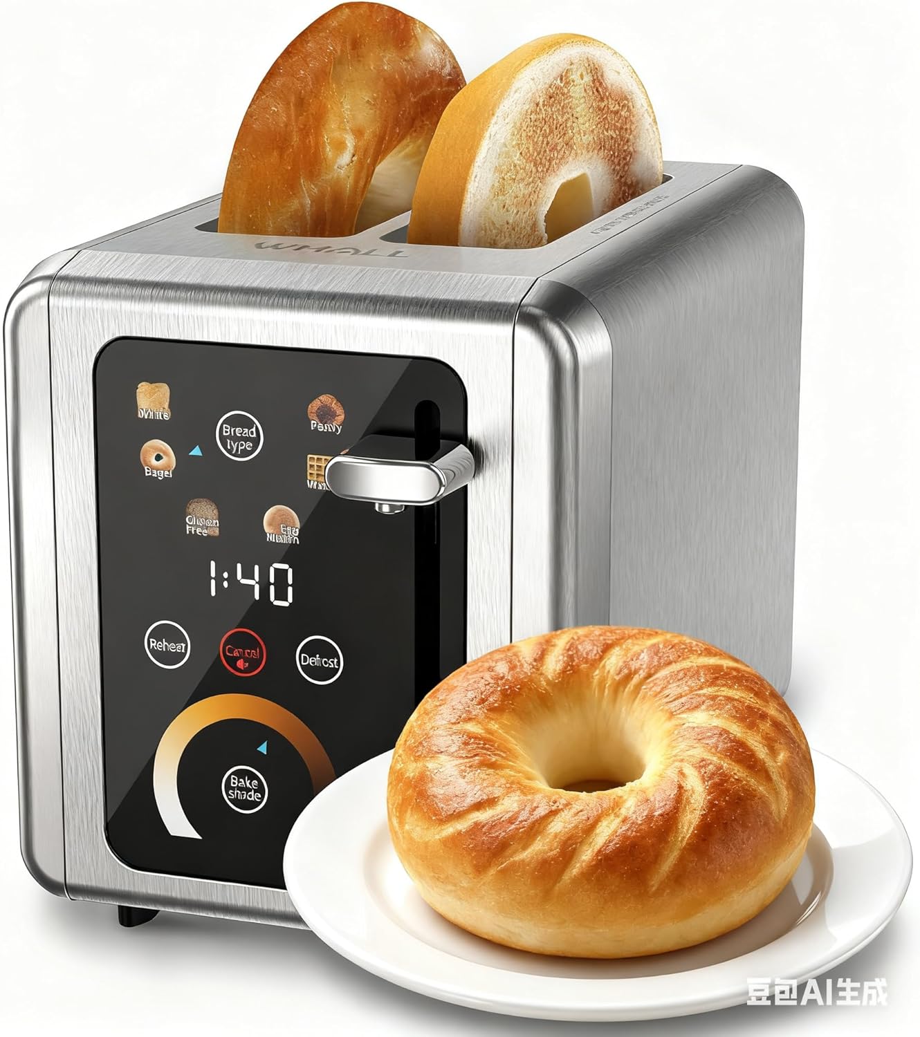 WHALLULTRA Touchscreen Toaster with two toasted bagel halves and a whole bagel on a plate.