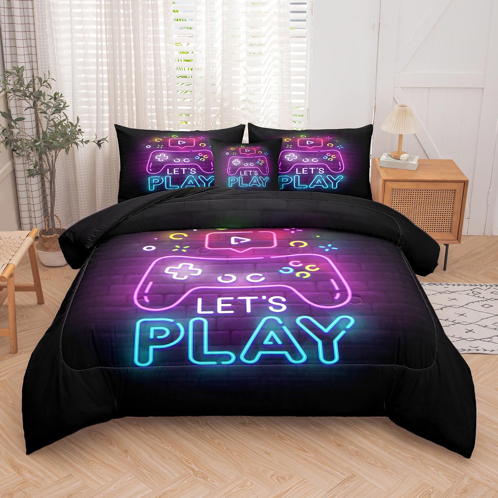 NINENINE Gaming Bedding Sets,6PCS Full Size Comforter Sets for Boys,Gamer Bedding Sets for Boys,Gamepad Comforter Sets(1Comforter,1Flat Sheet,1Fitted Sheet,1Cushion Cover,2Pillowcases)…