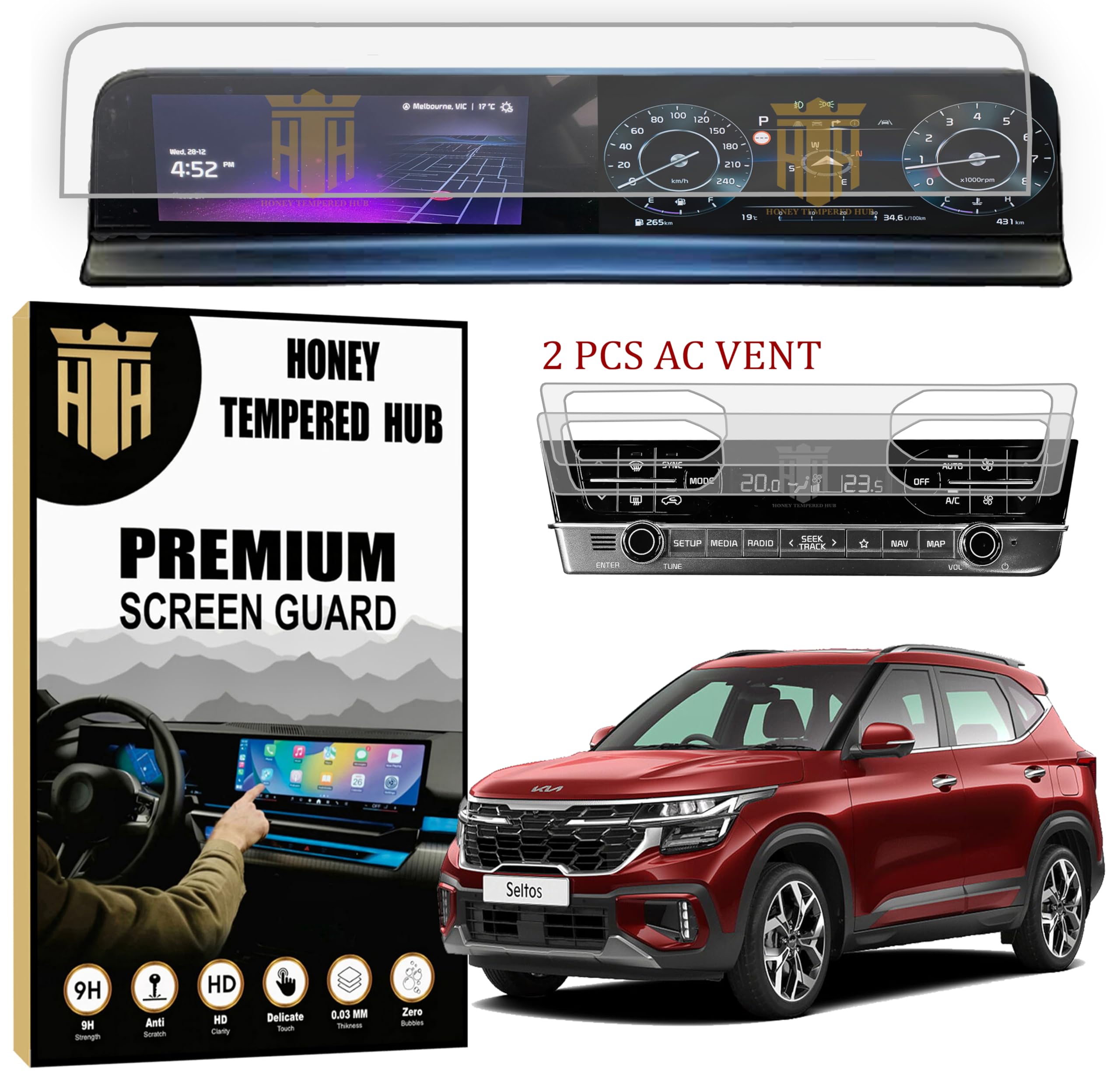 HONEY TEMPERED HUB Screen Guard For Kia Seltos Facelift [2023-2024] HTX Plus, GTX Plus, GTX+, HTX + Accessories Dual Screen infotainment system with AC Protection Guard Clear [Not Tempered Glass] 10.25 inch-image-15