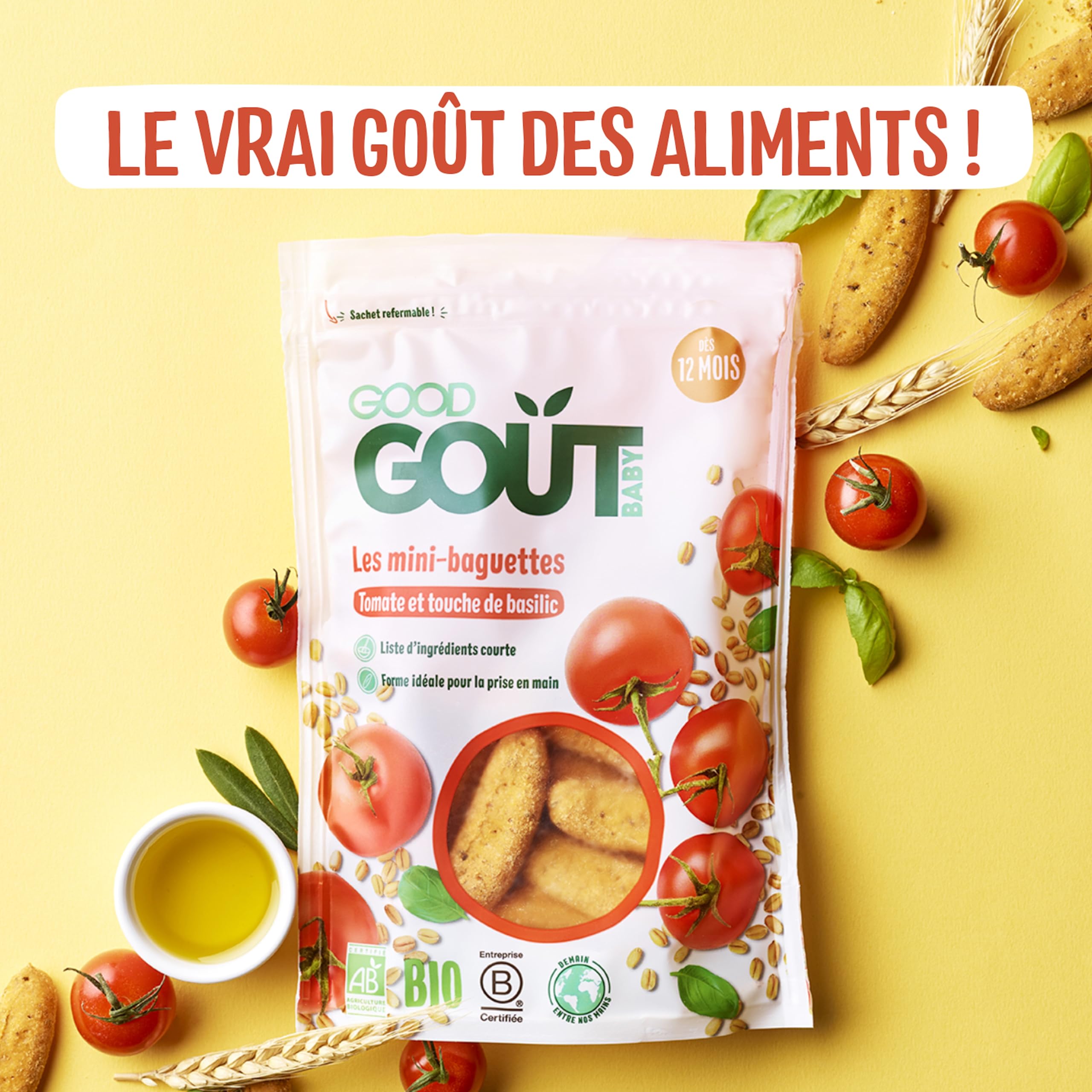 GOOD GOÛT - Mini-Baguettes Tomate Et Basilic - Biscuits Type Gressins Pour Bébé - Dès 12 Mois - Sachet Refermable - 70g
