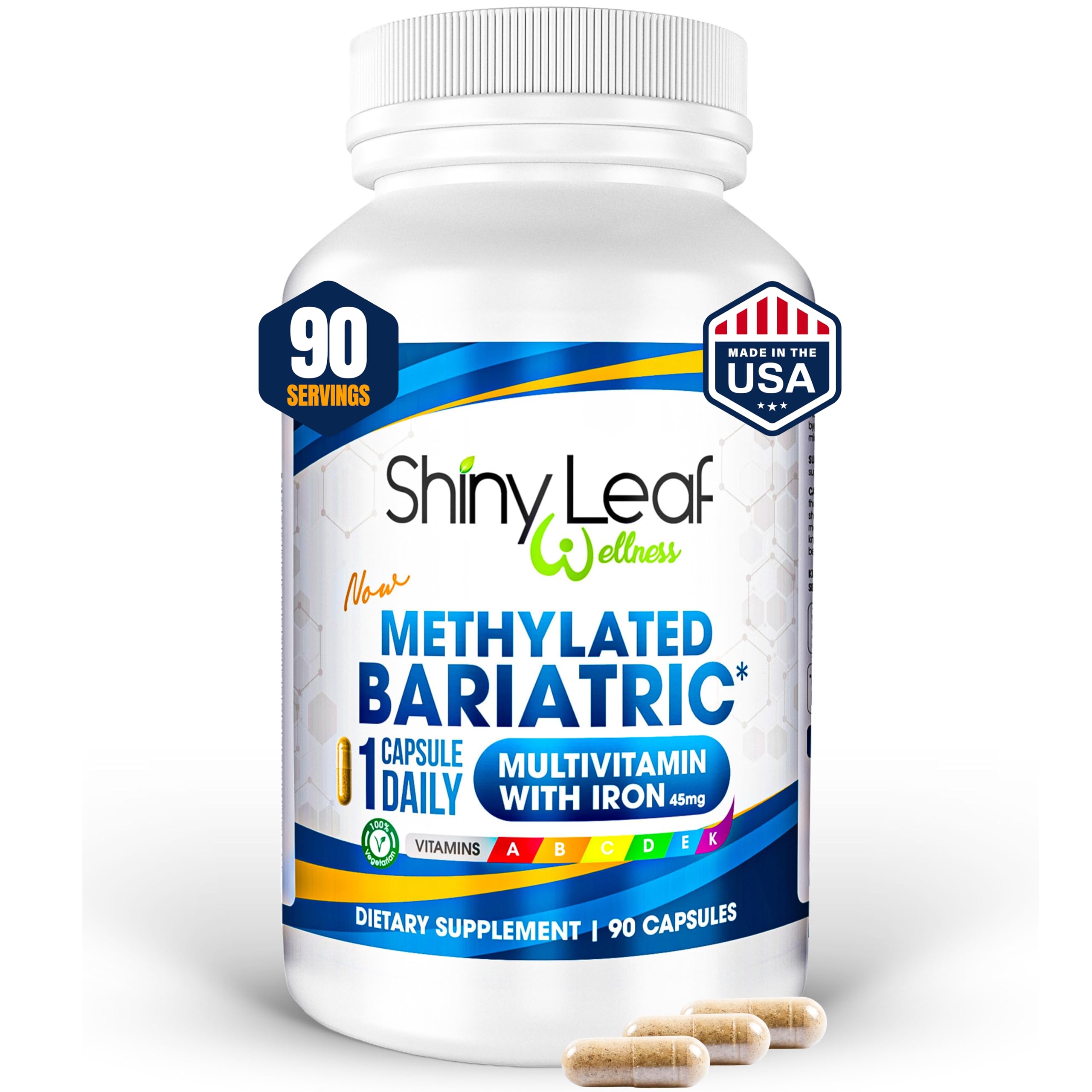 Shiny LeafMethylated Bariatric Multivitamin with Iron 45mg – Once Daily Capsule, Made in USA, ASMBS Compliant Bariatric Vitamins for Gastric Bypass & Gastric Sleeve, for Men & Women – (90 Count)