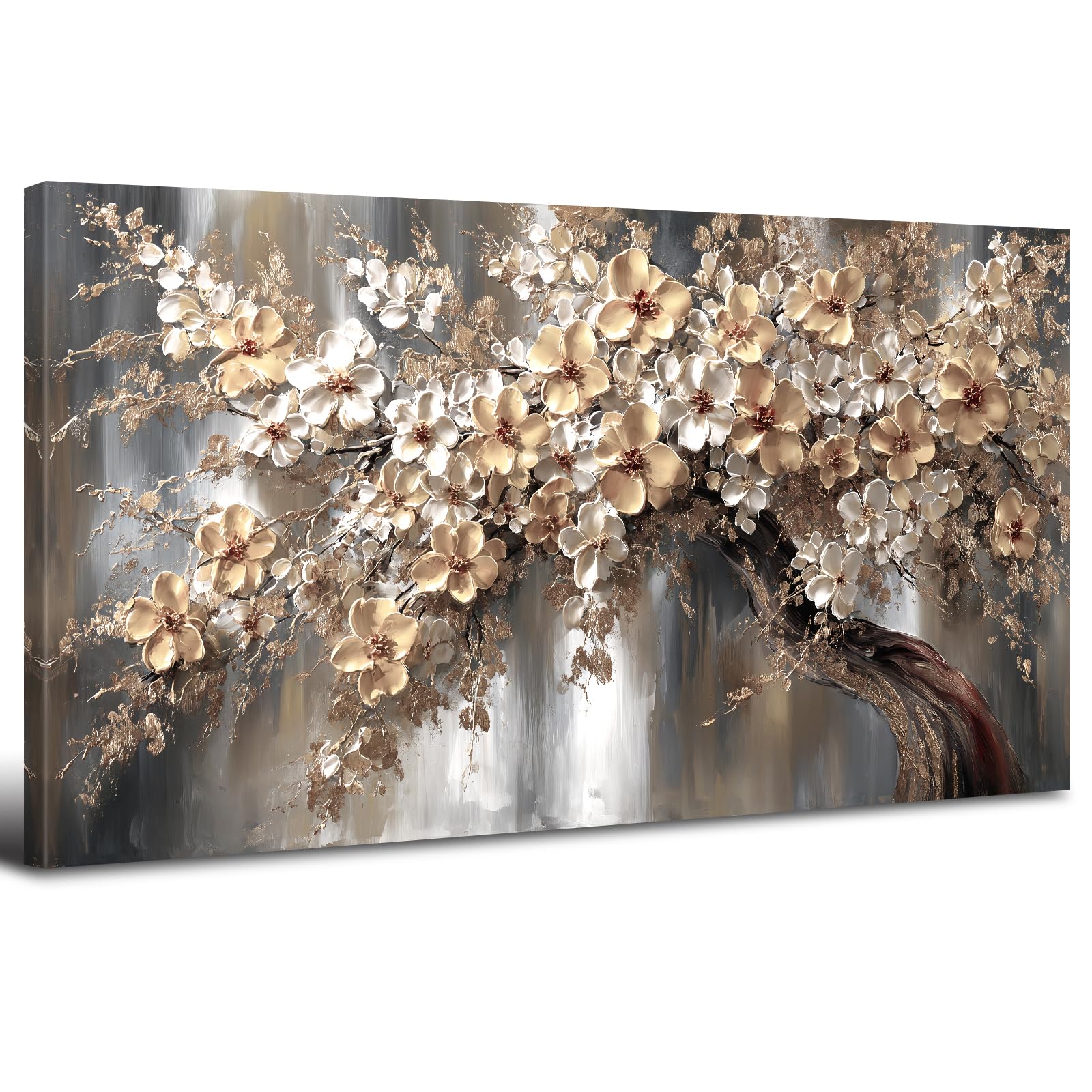 AREBOLO Baum des Lebens Leinwandbild 50x100 cm XL, Vintage Luxus Wanddeko Blumen Natur Wandbilder, Kunstdruck Canvas für Wohnzimmer Schlafzimmer Esszimmer, Weiß Gold Beige Wanddekoration als Geschenk