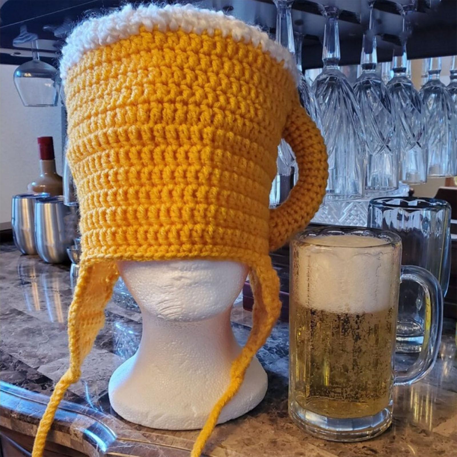 Strickmütze, Halloween, Foto-Requisiten, süßes Bierkostüm, lustiges Cosplay, coole gestrickte Glaswaren, Dekorationen, gehäkelte Mütze