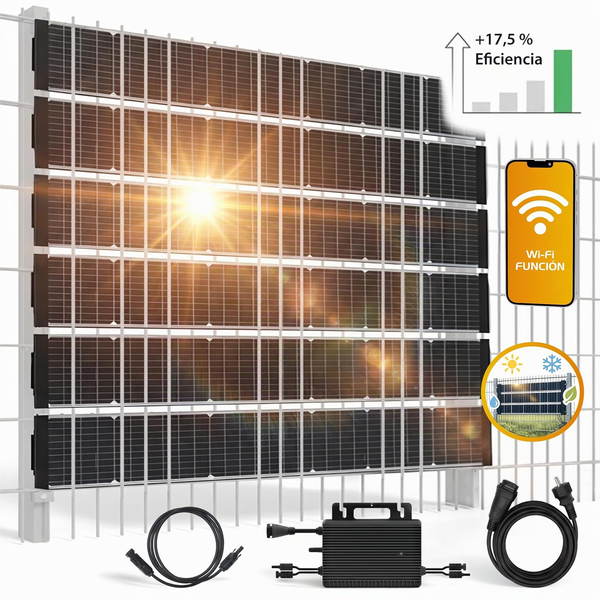 Technaxx TX-356 Valla solar bifacial 480W – Kit completo con 6x 80W paneles solares PERC monocristalinos, inversor 800W & cable Schuko – Privacidad & energía solar – Eficiencia 17,5%