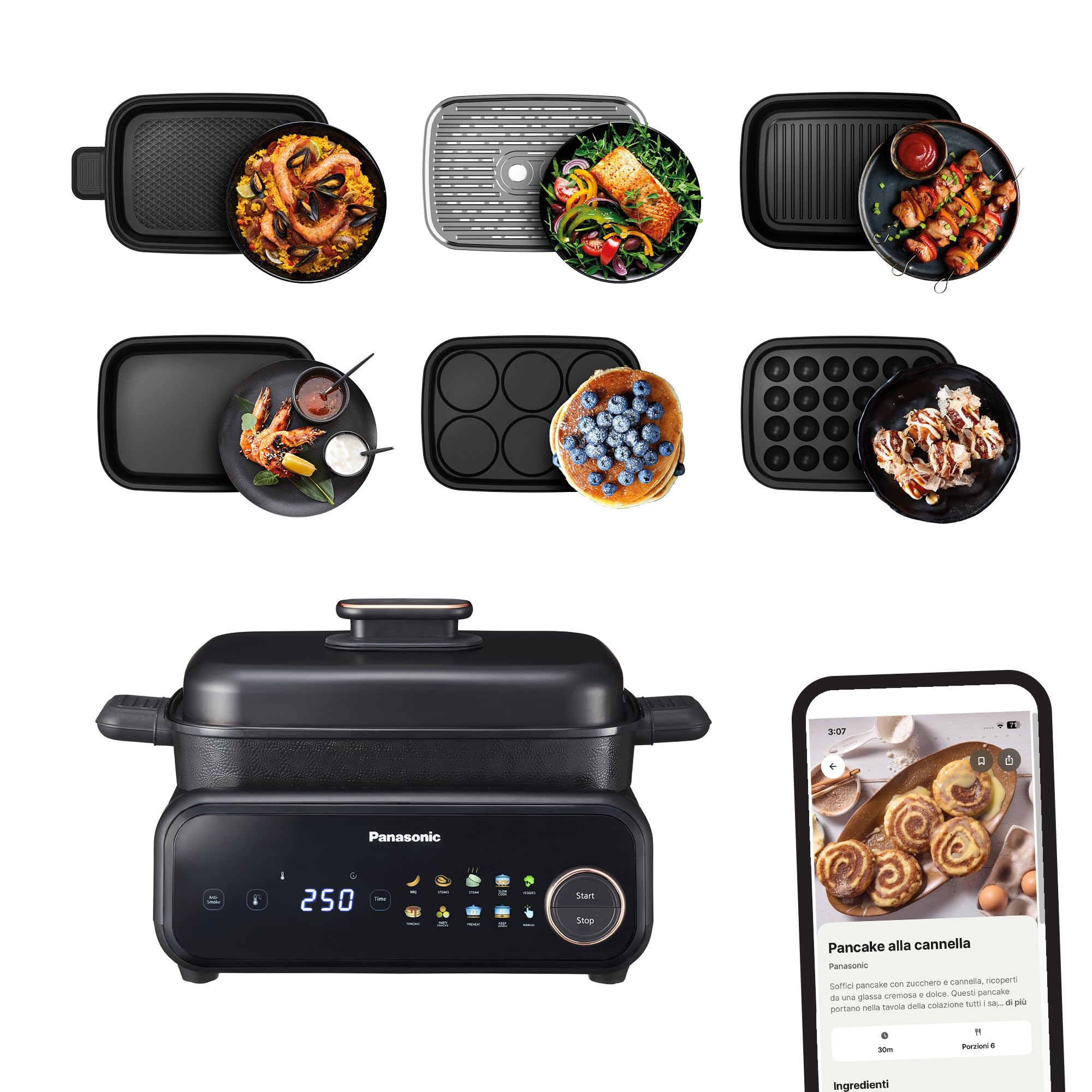 Panasonic NF-GM600 Multi-Cooker Elettrico 6-in-1, Griglia elettrica, Friggere, Cottura Lenta, BBQ, Vapore, Saltare, 1400W, 40–250°C, 9 Modalità Auto, Piastre lavabili in lavastoviglie