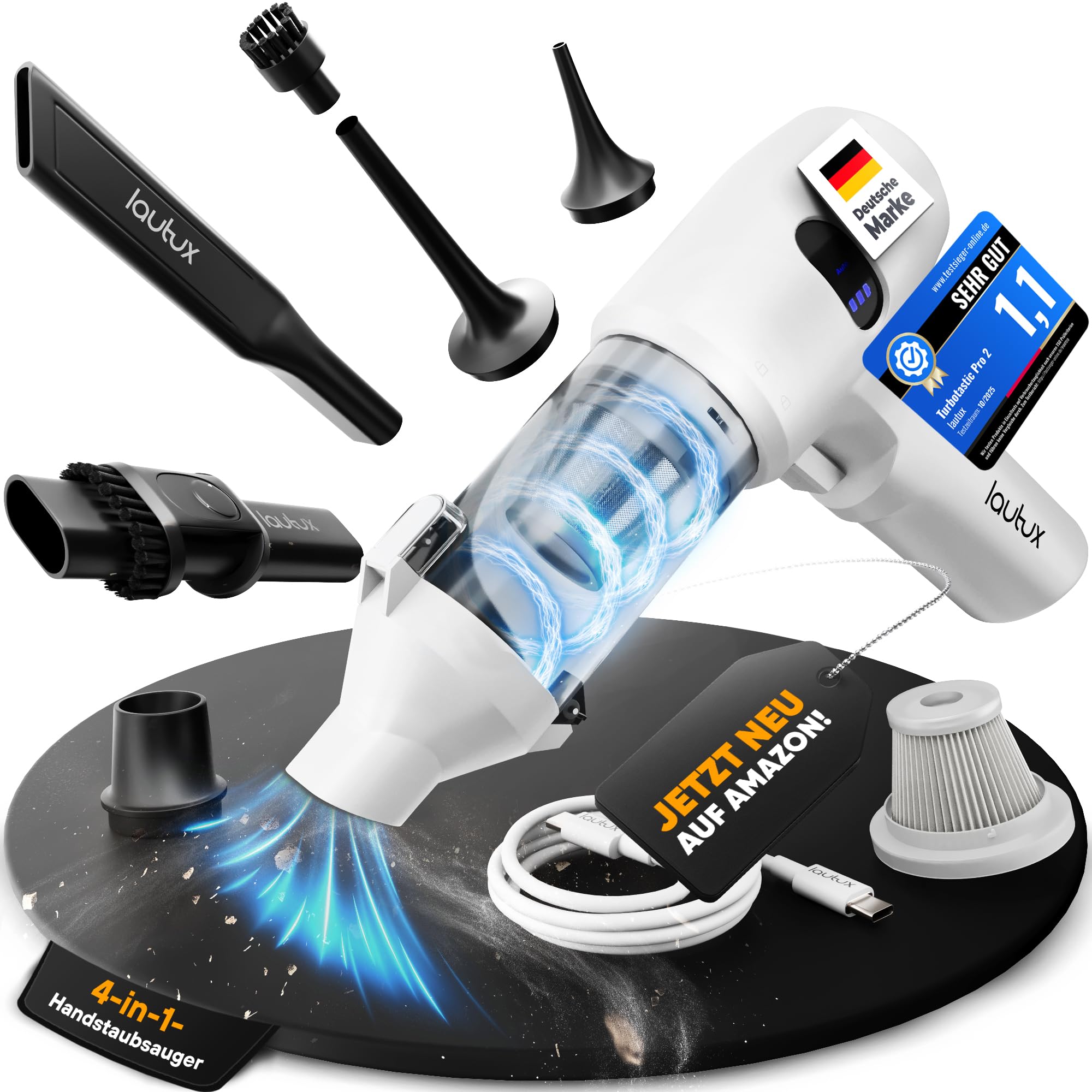 lautux Turbotastic Pro 2 Handstaubsauger – 120W, 18.000Pa, bis 60 Min Laufzeit, HEPA-Filter, LED-Display, 4-in-1 Düsen (Auto, Tierhaare, Polster, Aufpumpen, Vakuumieren) (Perlweiß, Starter Set)