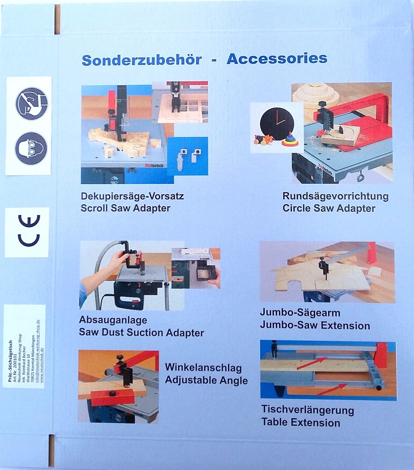 Präz.-Stichsägetisch für jede Stichsäge - Basisgerät + 4 extra langen Sägeblätter Typ BOSCH (T-Schaft)