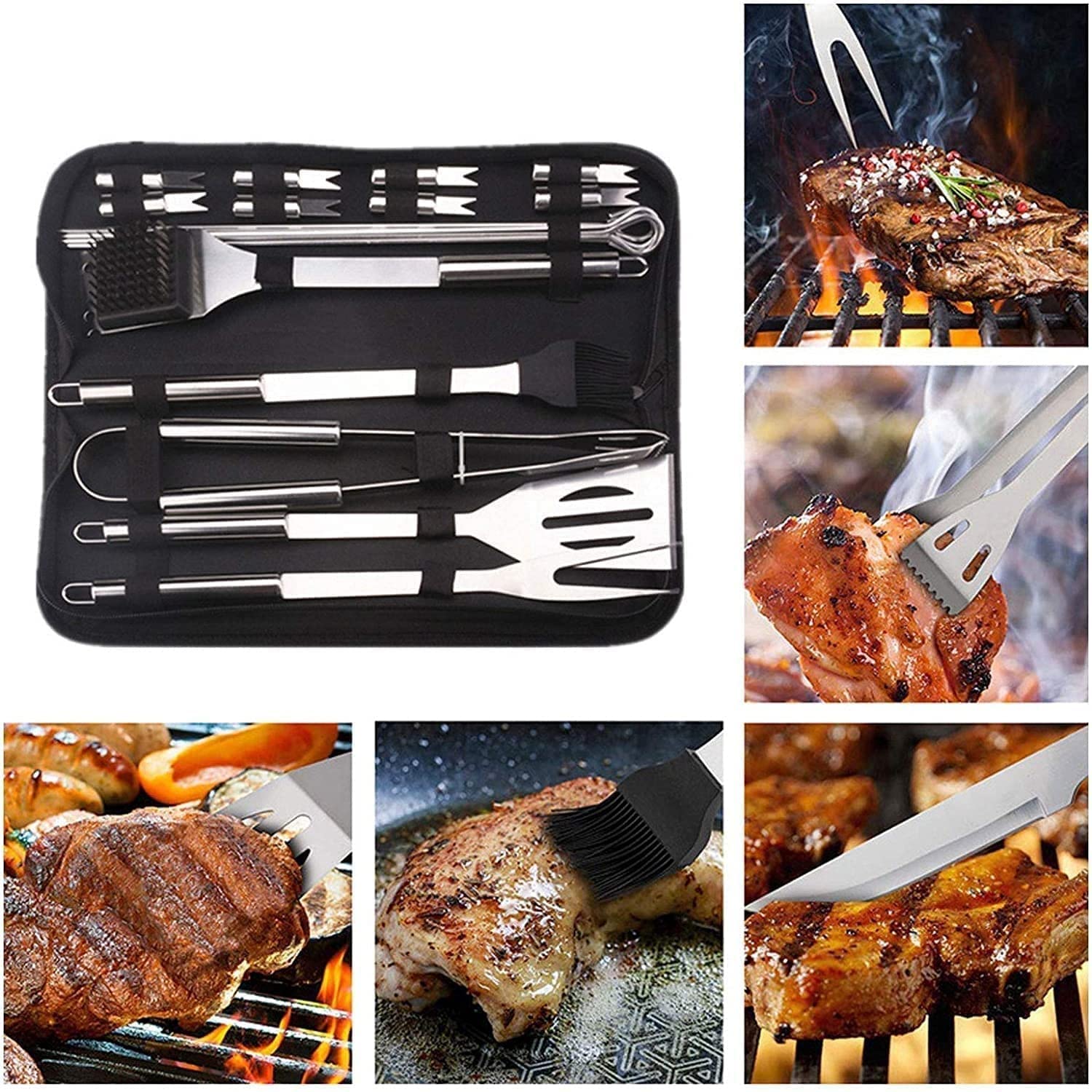 Kit di accessori per grigliate Set di strumenti per barbecue per barbecue, Set di strumenti per griglia in acciaio inossidabile da 20 pezzi con borsa per il trasporto, strumenti per barbecue per uomi