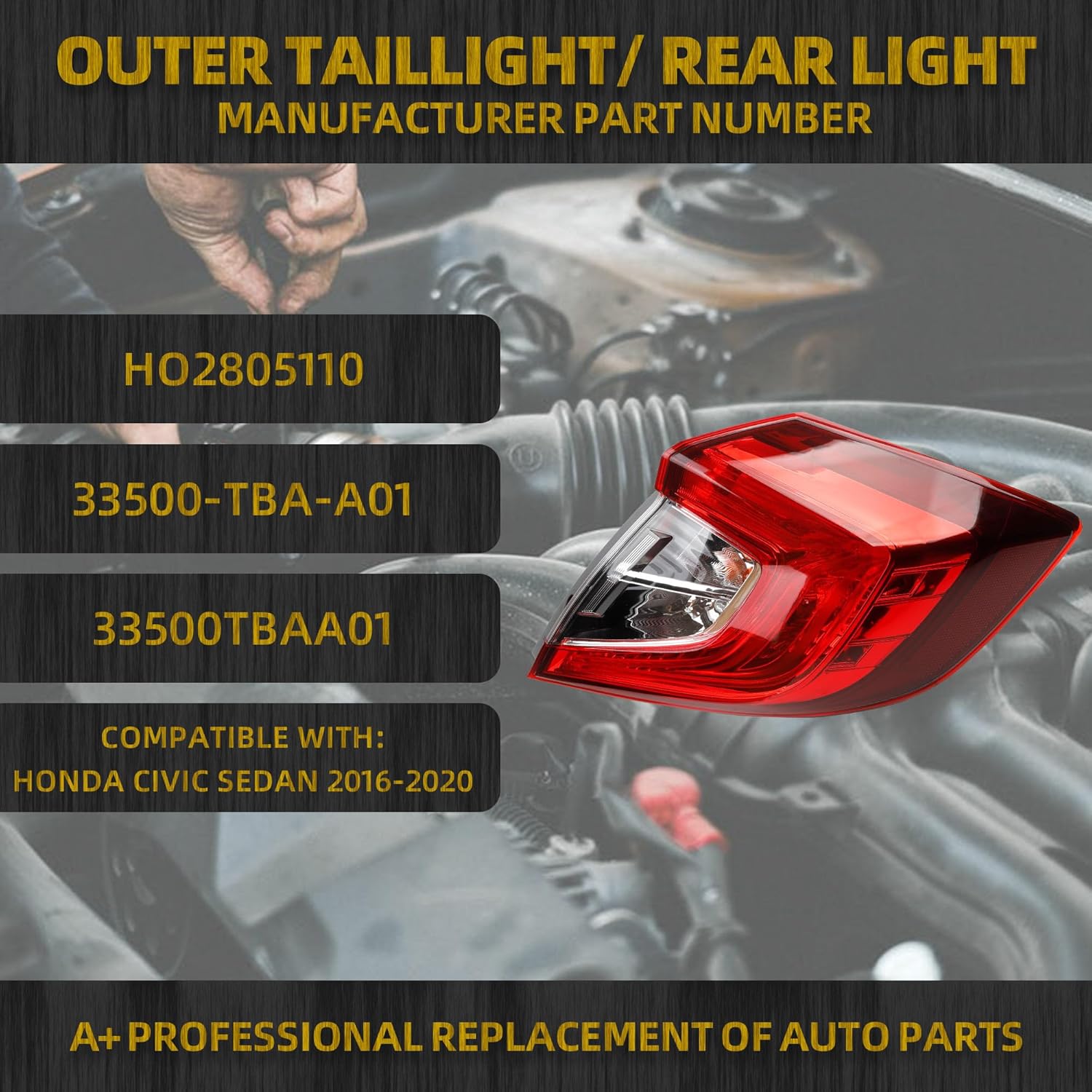 Dasbecan Outer Taillight Right Side Tail Lamp Compatible with Honda Civic Sedan 2016 2017 2018 2019 2020 Replace HO2805110 33500-TBA-A01 Brake Taillight
