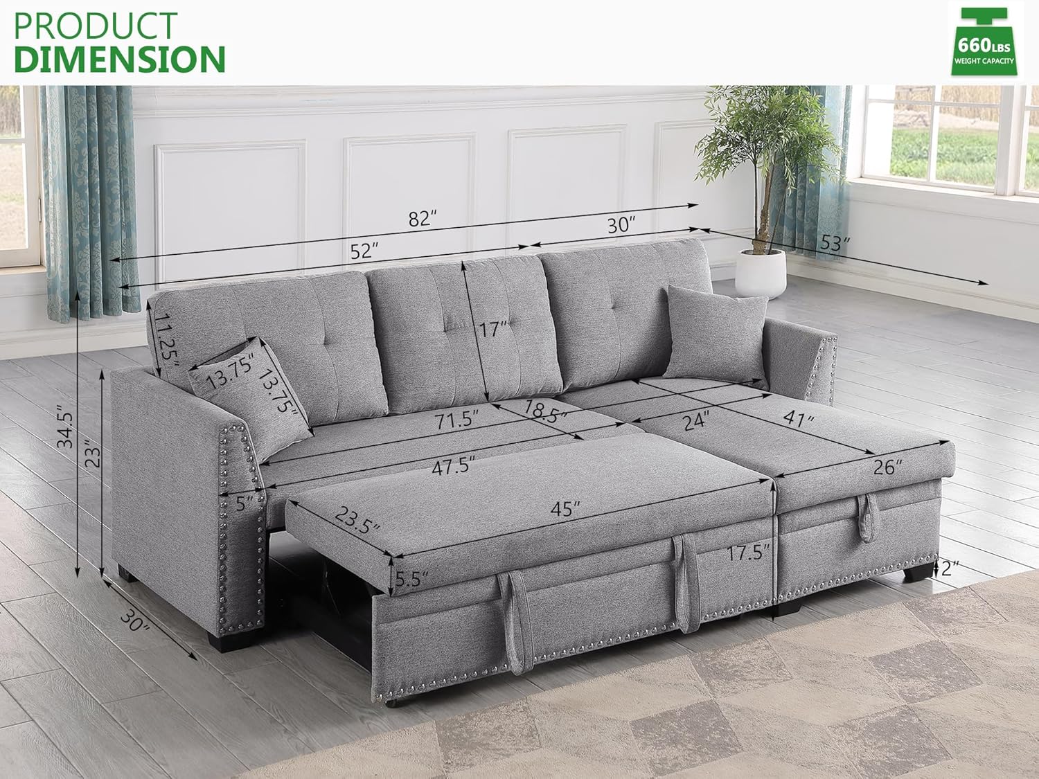BEEY Convertible Sleeper Sofa Bed, 82" Small Sectional Sofa with Storage Chaise for Small Spaces, L Shaped Couch with Pull Out Bed for Bedroom, Living Room (Light_Grey)