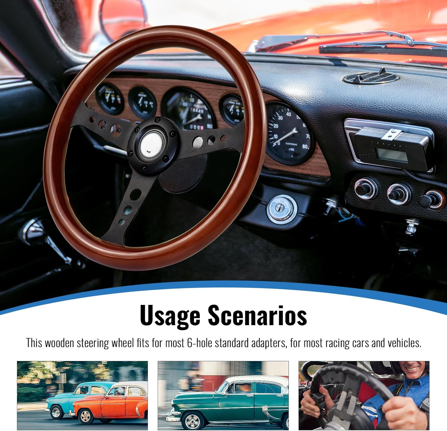 YHK 13.6 Inch Universal Classic Wood Grain Steering Wheel, Universal 6 Hole Bolt Racing Steering Wheel, 3 Spoke with Horn Button for Rally/Racing/Motorsport/Car Simulator Driving