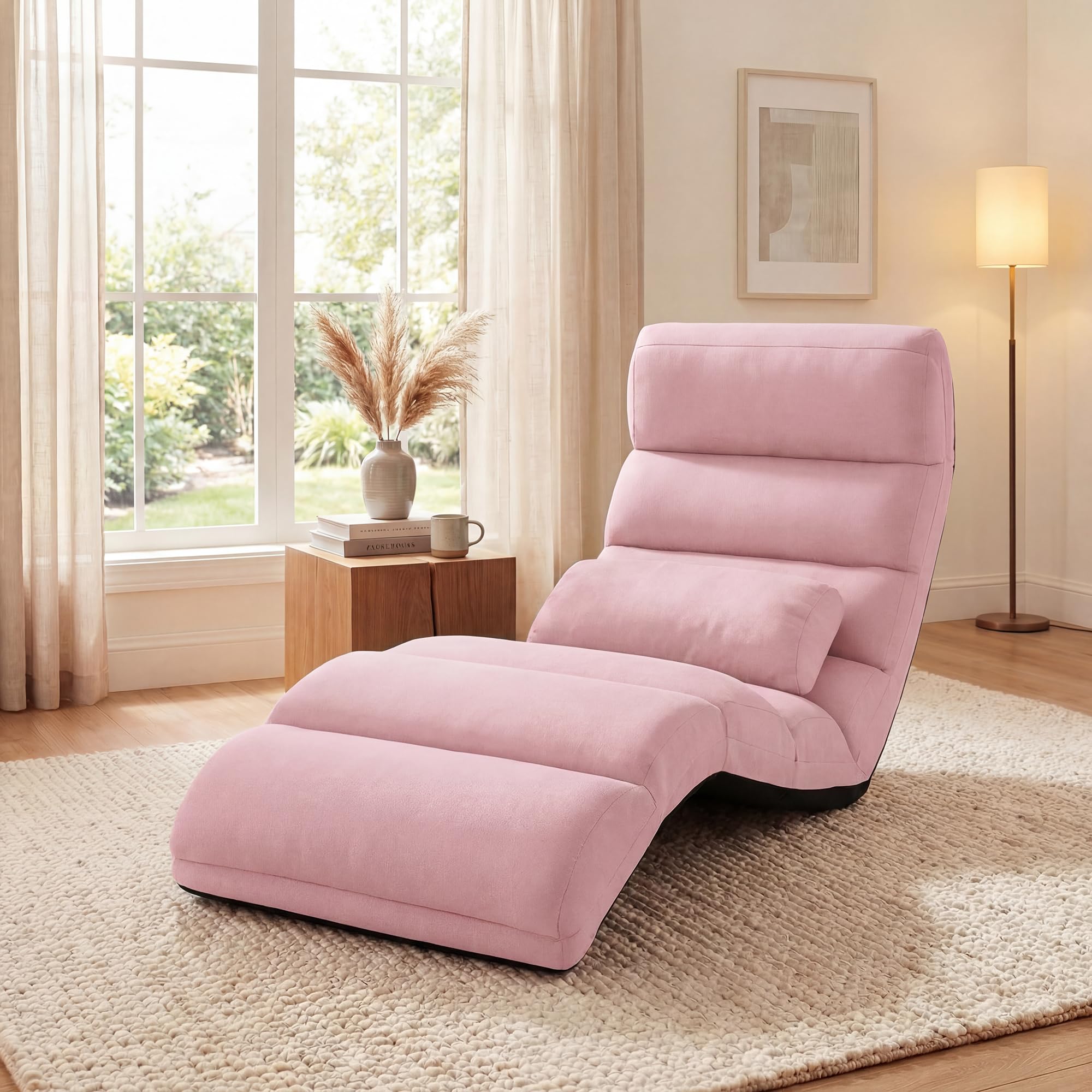 SOARS Fauteuil Salon Relaxant au Sol 5 Positions, Chaise Longue en Daim & Éponge avec Oreiller Rembourré & Repose-Pieds Réglable, Charge 120KG, Méridienne Convertible Bureau Terrasse Chambre (Rose)