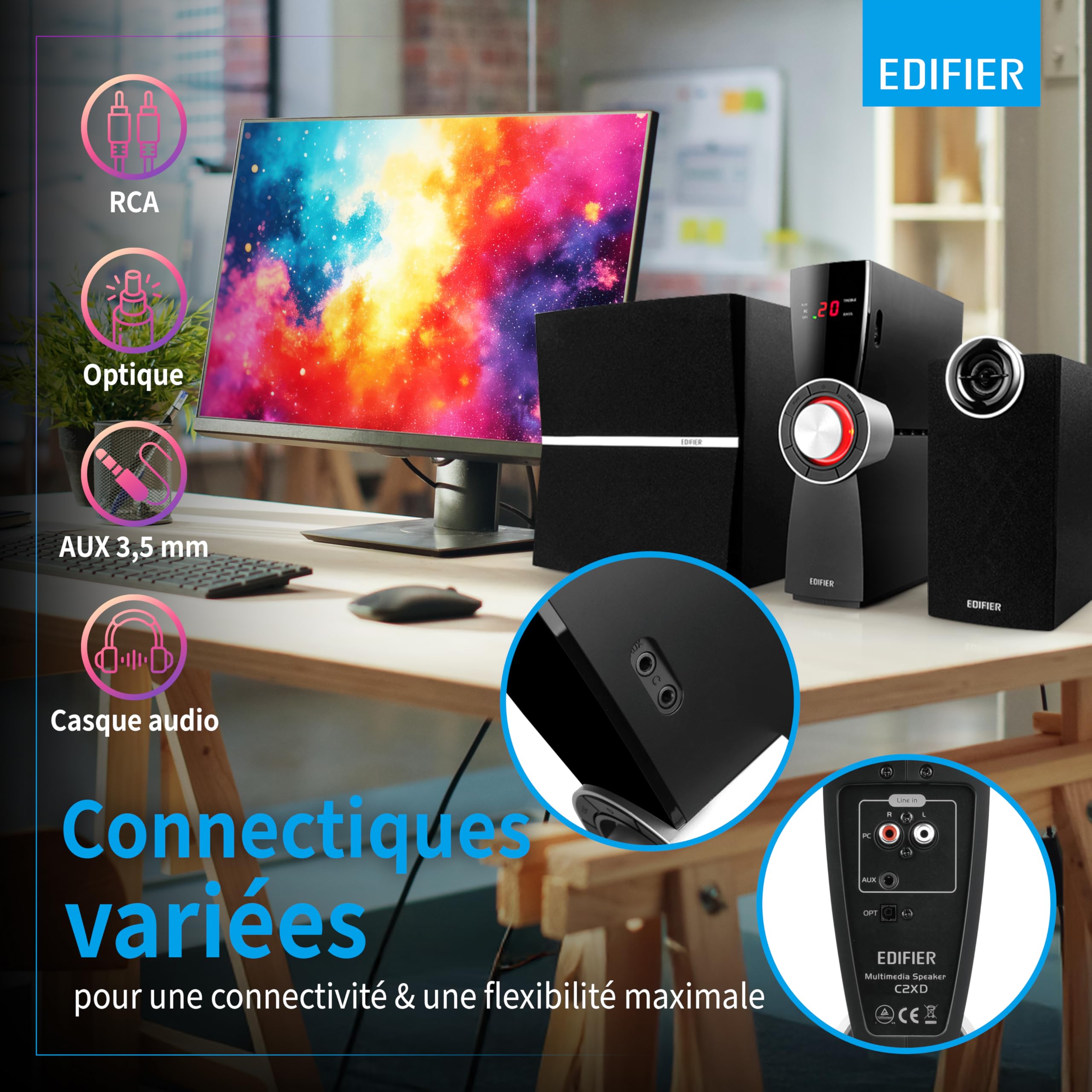 Edifier C2XD - Kit d'Enceintes 2,1 PC Noir Analogique et Optique, Télécommande Sans Fil (53 Watts)