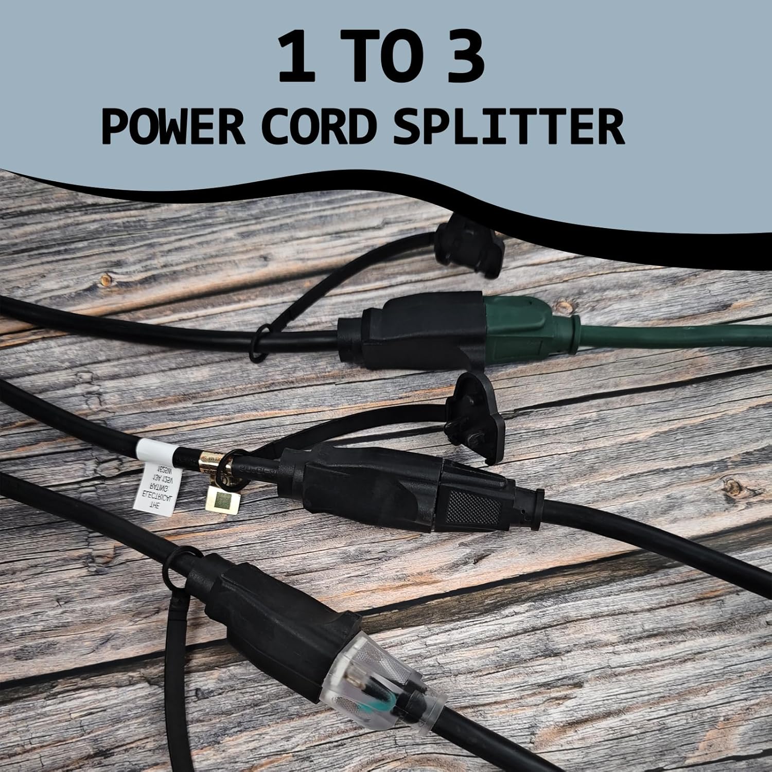 EP Outdoor Extension Cord 1 to 3 Splitter, Max 6ft End to End (12FT Total), 3 Prong Outlets Plugs, 16/3 SJTW Weatherproof Wire for Christmas Landscape String Lights, Black