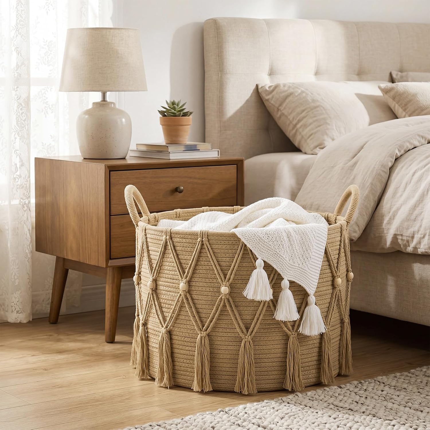 Leinuosen 20" x 13" Large Blanket Basket for Living Room Boho Decor Storage Basket Woven Decorative Laundry Hamper for Blanket Clothes Pillows Plush Toy Storage Living Room Bedroom Laundry