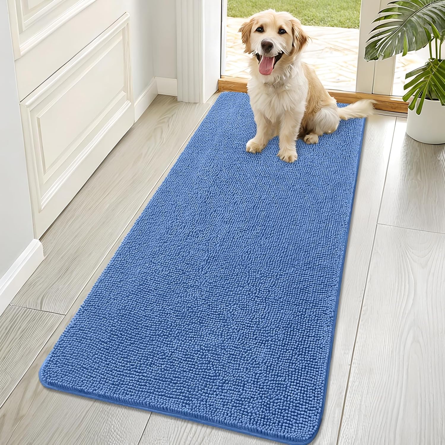 OLANLY Dog Door Mat for Muddy Paws 70x32, Absorbs Moisture and Dirt, Absorbent Non-Slip Washable Doormat, Quick Dry Chenille Mud Mat, Entry Indoor Entryway Carpet for Inside Floor, Cornflower Blue