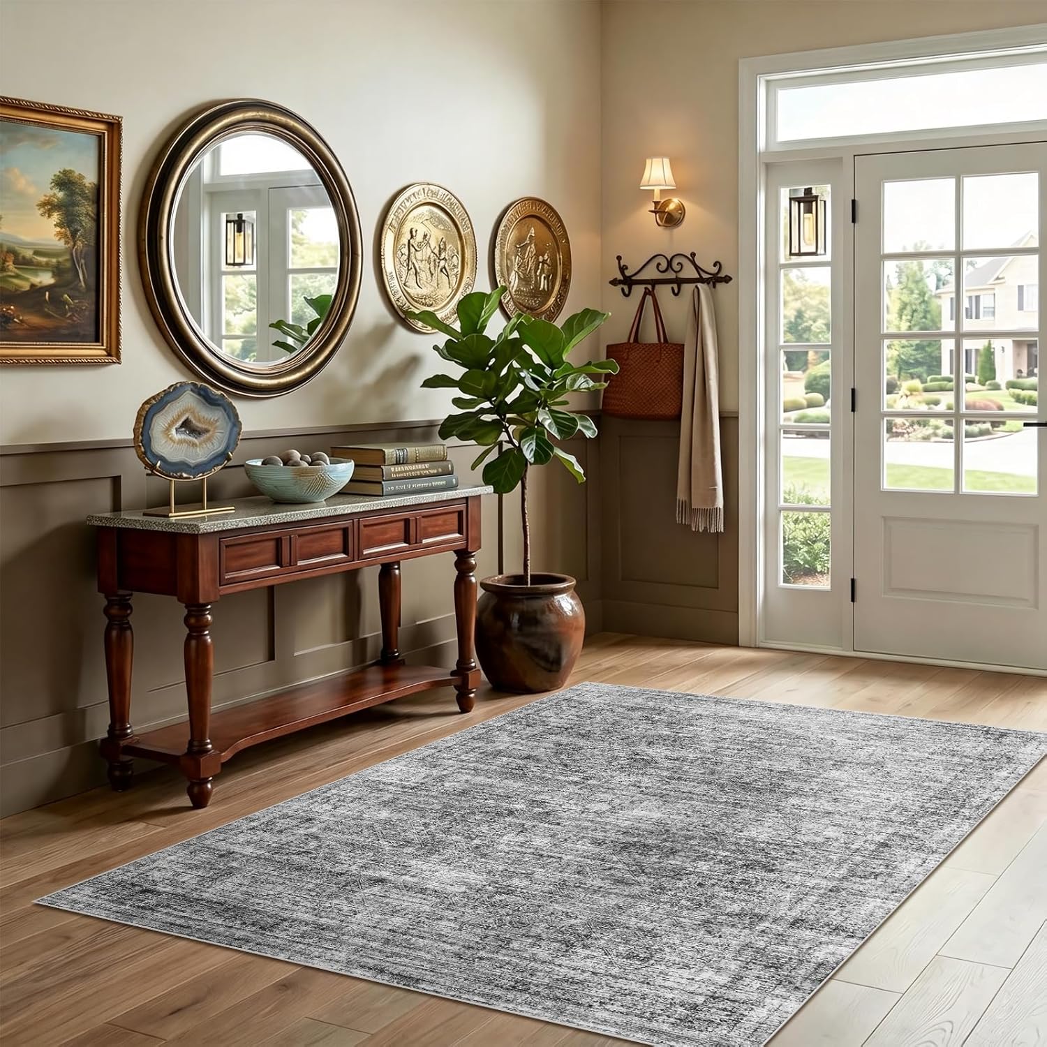Washable Rugs 3x5 Area Rugs, Non Slip Vintage Entryway Rug for Indoor Entry Kitchen Kids Girls Room Home Office,Ultra Soft Faux Cashmere Laundry Room Small Carpet Gray
