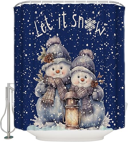 Miniatura 2 de Cortina de ducha de Navidad de muñeco de nieve azul marino, conos de pino de Navidad, cortinas de ducha botánicas para bañobañera, juego de cortina
