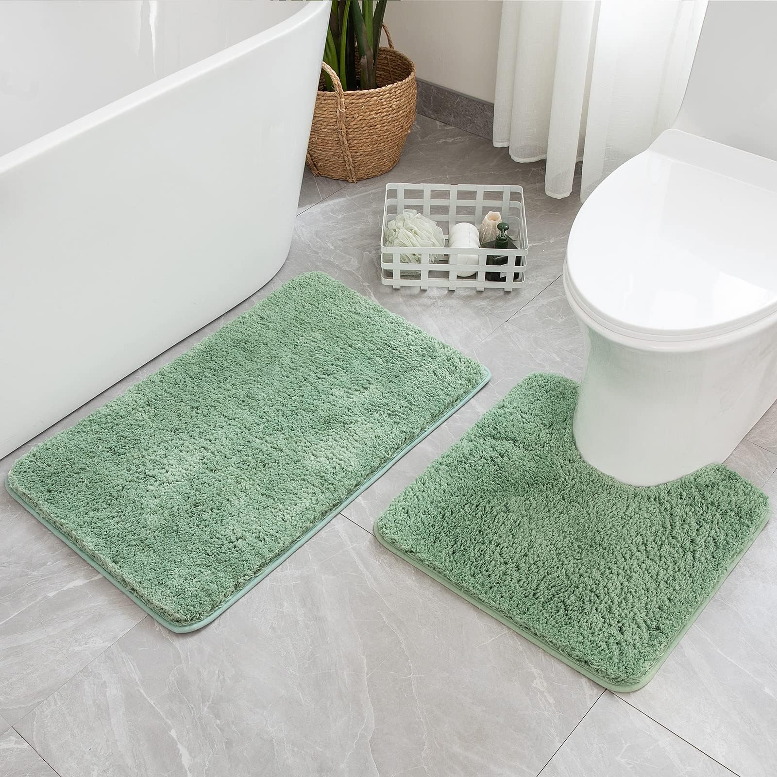 MIULEE Sage Green Bathroom Rugs Set 2 Piece, Soft Absorbent Microfiber Bath Mat and U-Shaped Contour Toilet Rug, Non Slip Quick Dry Washable Plush