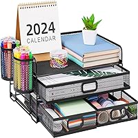 Marbrasse 3-Tier Mesh Desk Organizer with Drawers & Pen Holders - No Assembly, Sturdy Black Office Storage for Home & School