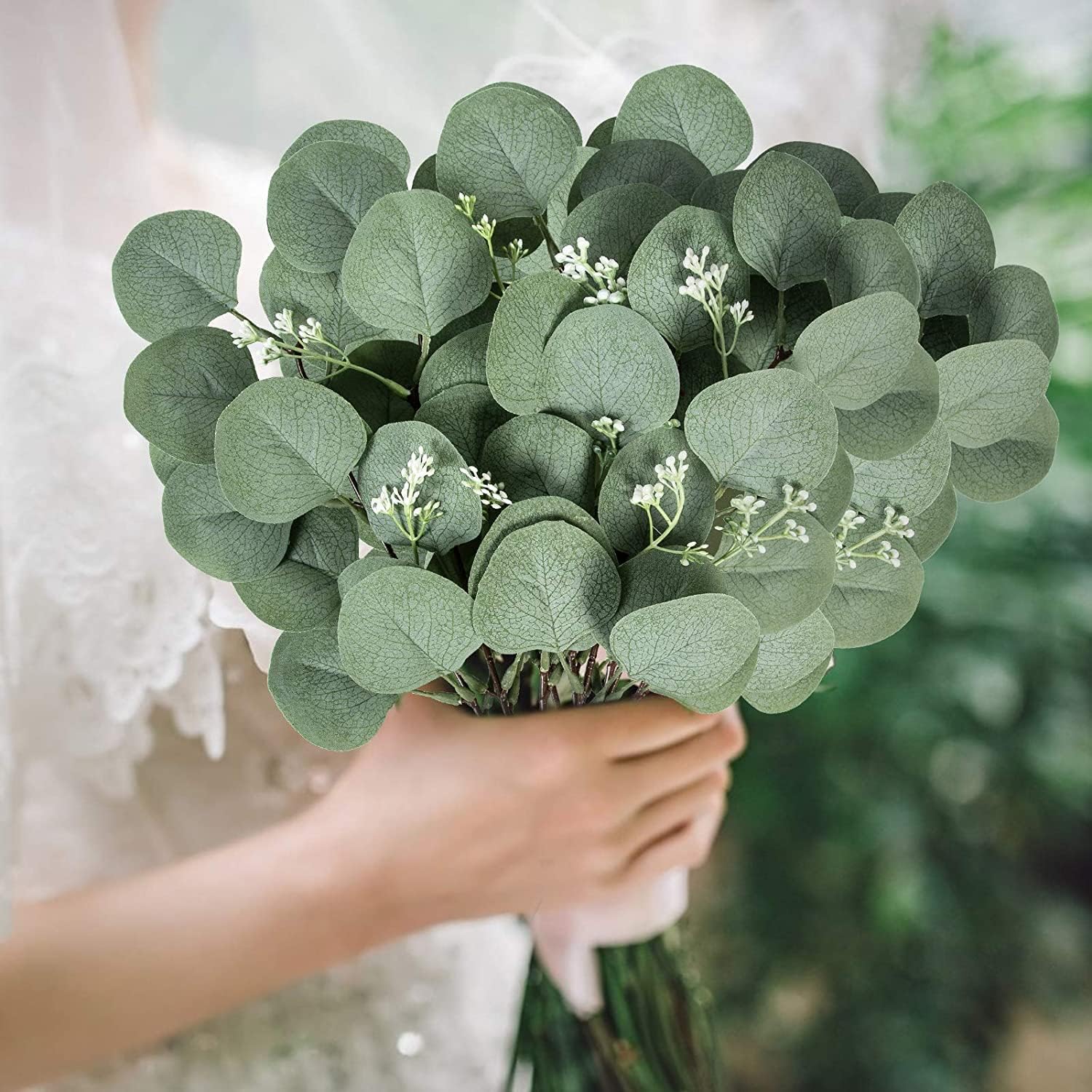 20 Pcs Fake Eucalyptus Leaves Stems 14.2" Tall Silver Dollar Artificial Greenery Stems for Home Wedding Decor Faux Eucalyptus Plant Bride Bouquet Vase Floral Arrangement (Grey Green with Seeds)
