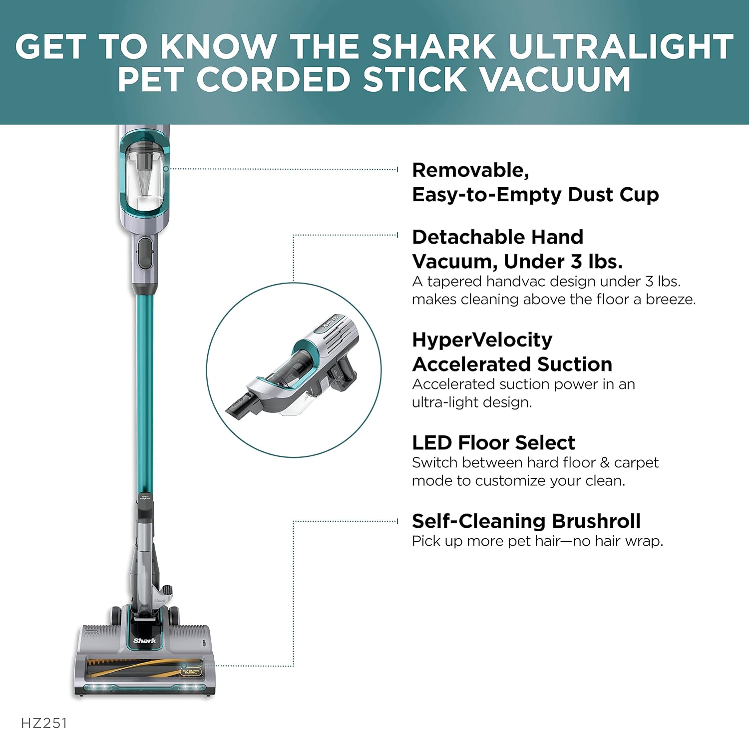 Shark HZ251 Ultralight Corded Stick Self-Cleaning Brushroll, Perfect, Converts to Hand Vacuum, LED Headlights, - Pet Crevice & Upholstery Tools, Teal.32 Quarts Capacity