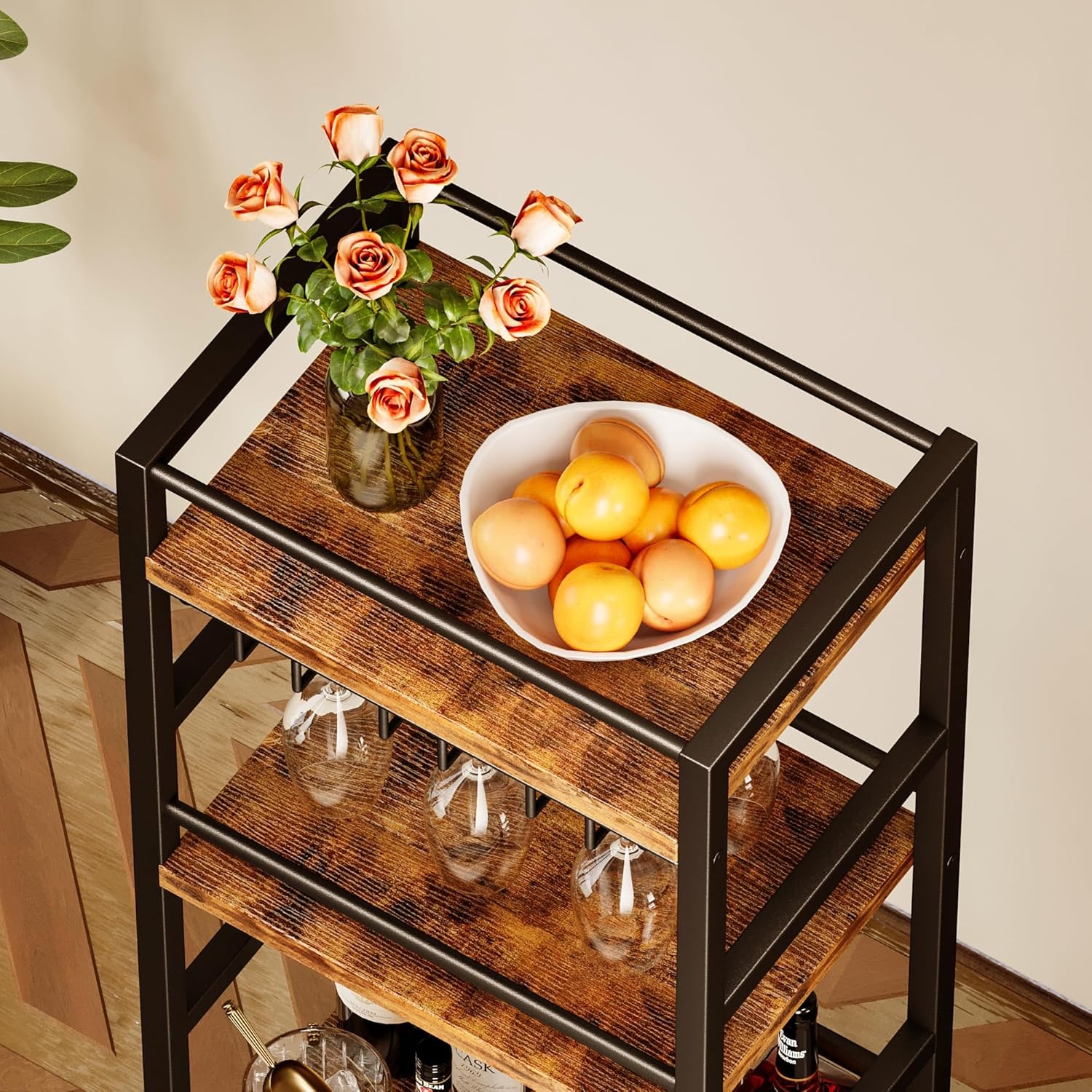 Homeiju Small Bar Cart with 5-Tier Shelf, Mobile Kitchen Shelf with Wine Rack and Glass Holder, Mini Bar Cart for Small Spaces, Rustic Brown