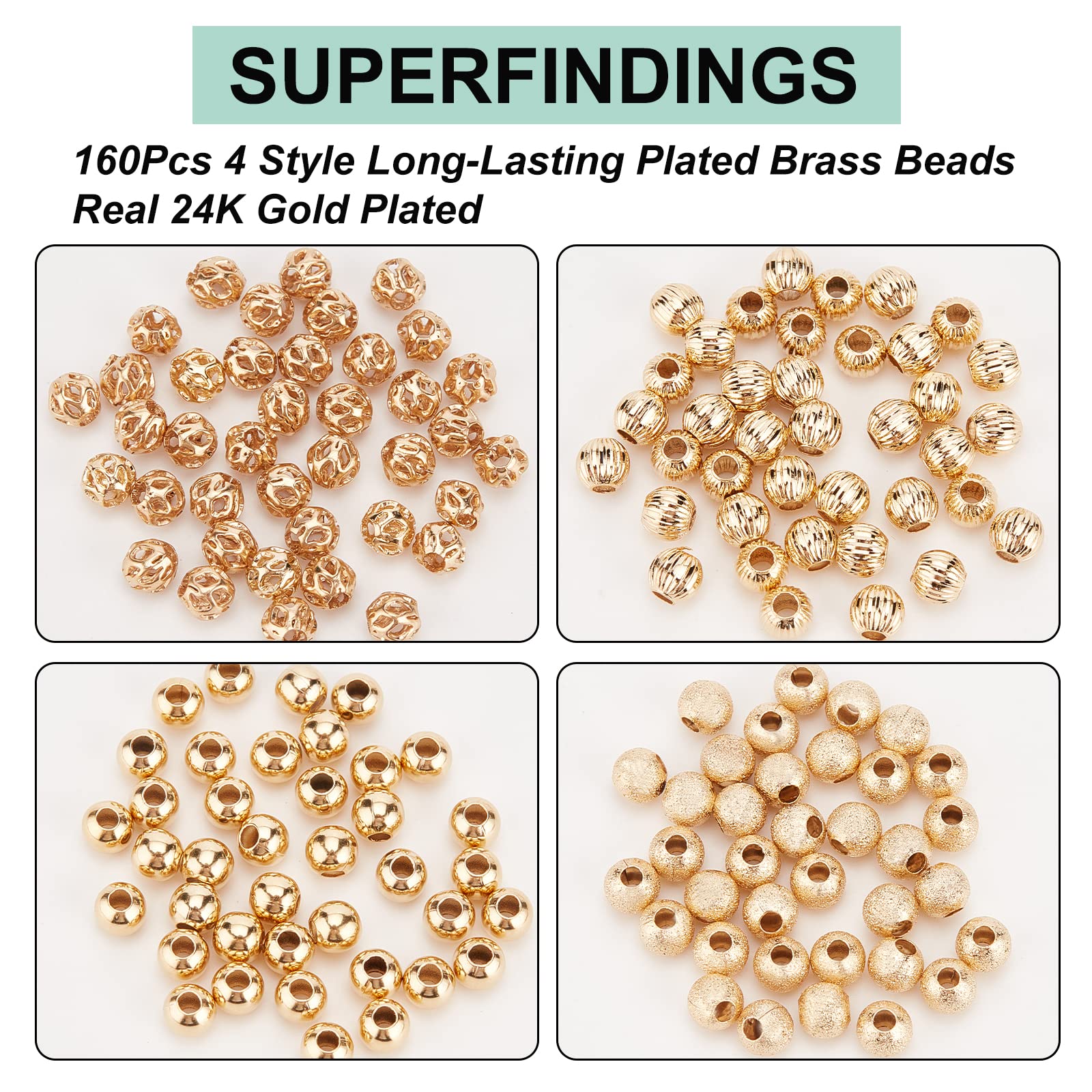 SUPERFINDINGS 160 Perline Ottone Rotonde 4mm – Distanziali Lisce E Ondulate Per Gioielli Fai Da Te, Placcato Oro 24K