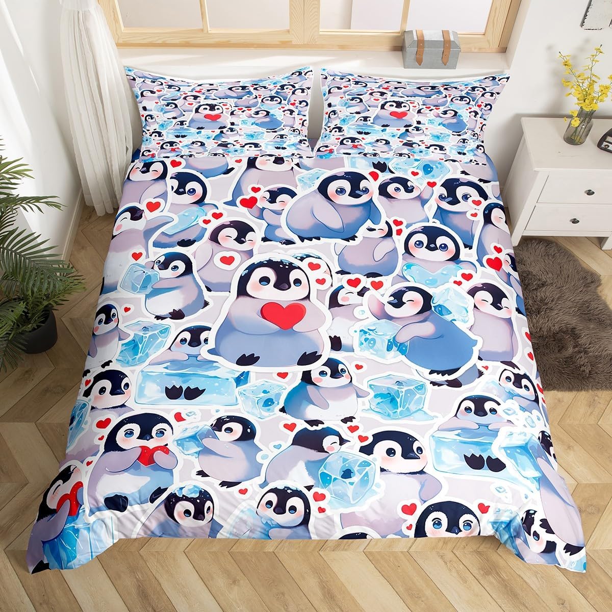 Cartoon Penguin Duvet Cover Set Toddler,Cute Arctic Animal Bedding Set for Kids Boy Girls Room Decor,Love Printed Wildlife Comforter Cover 2Pcs,Polar Penguin Microfiber Bedspreads Cover,1 Pillowcase