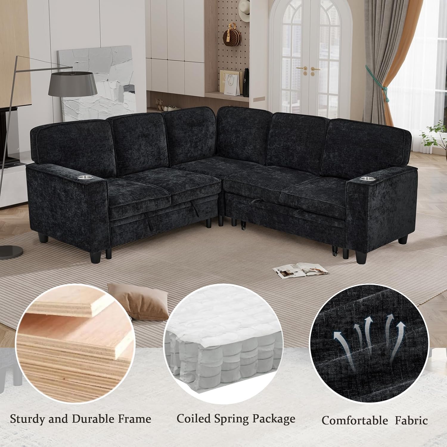 Ball & Cast Chenille Upholstered L-Shaped Sofa with Pull Out Sofabed and Storage Seat,5 Seat Sectional Couch w/USB Charging,for Living Room, Apartment,Black