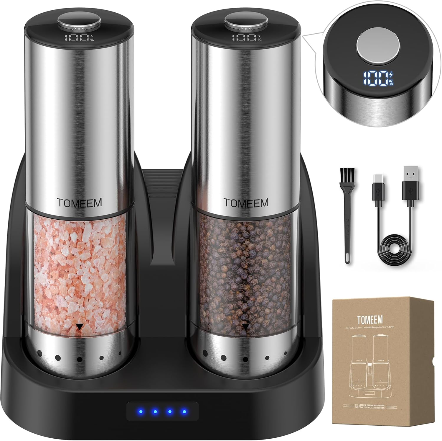 TOMEEM Rechargeable Electric Salt and Pepper Grinder Set, 115ml Large Capacity Stainless Steel Automatic Pepper Mill with Storage Base, LED Display and Light