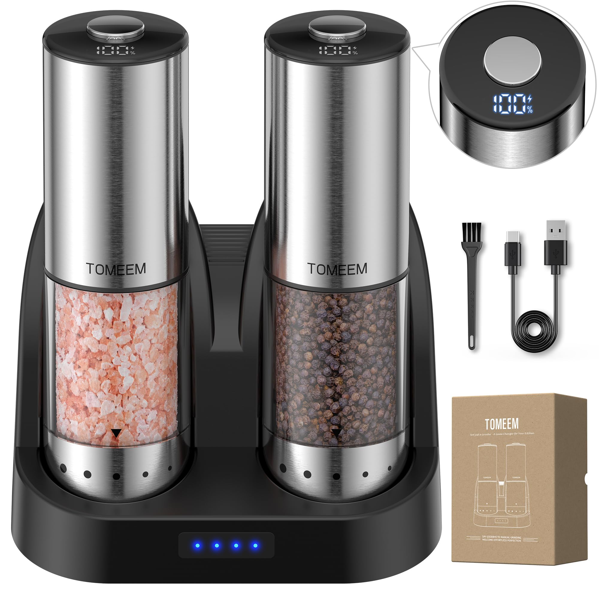 TOMEEM Rechargeable Salt and Pepper Grinder Set 115ml