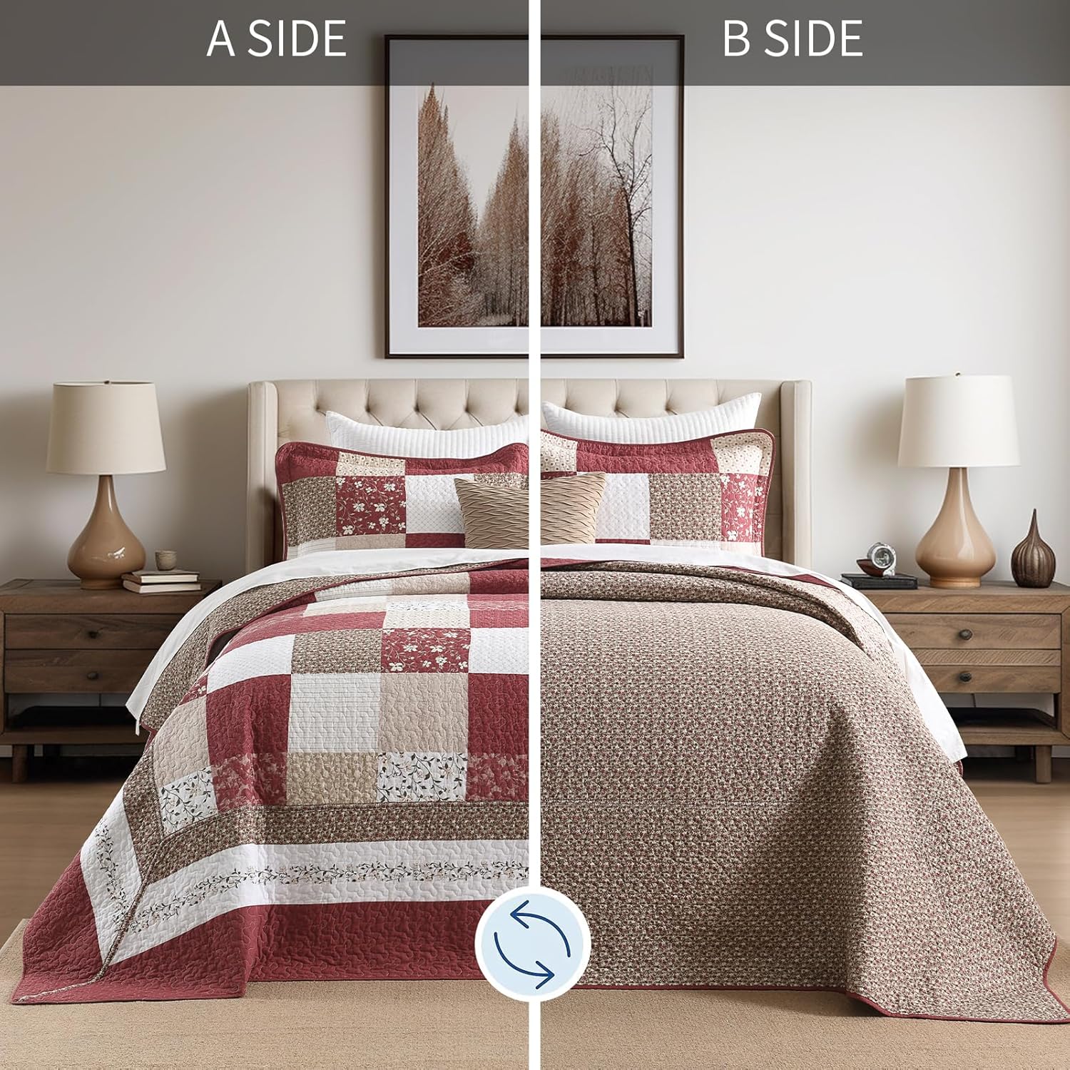 100% Cotton King Bedspread 120"x120", Oversized Quilt Set, Extra Wide Bedspread Coverlet, Plaid Floral Pattern, Lightweight Quilted Reversible Bedding Set, 3 Piece, Cream/Burgundy